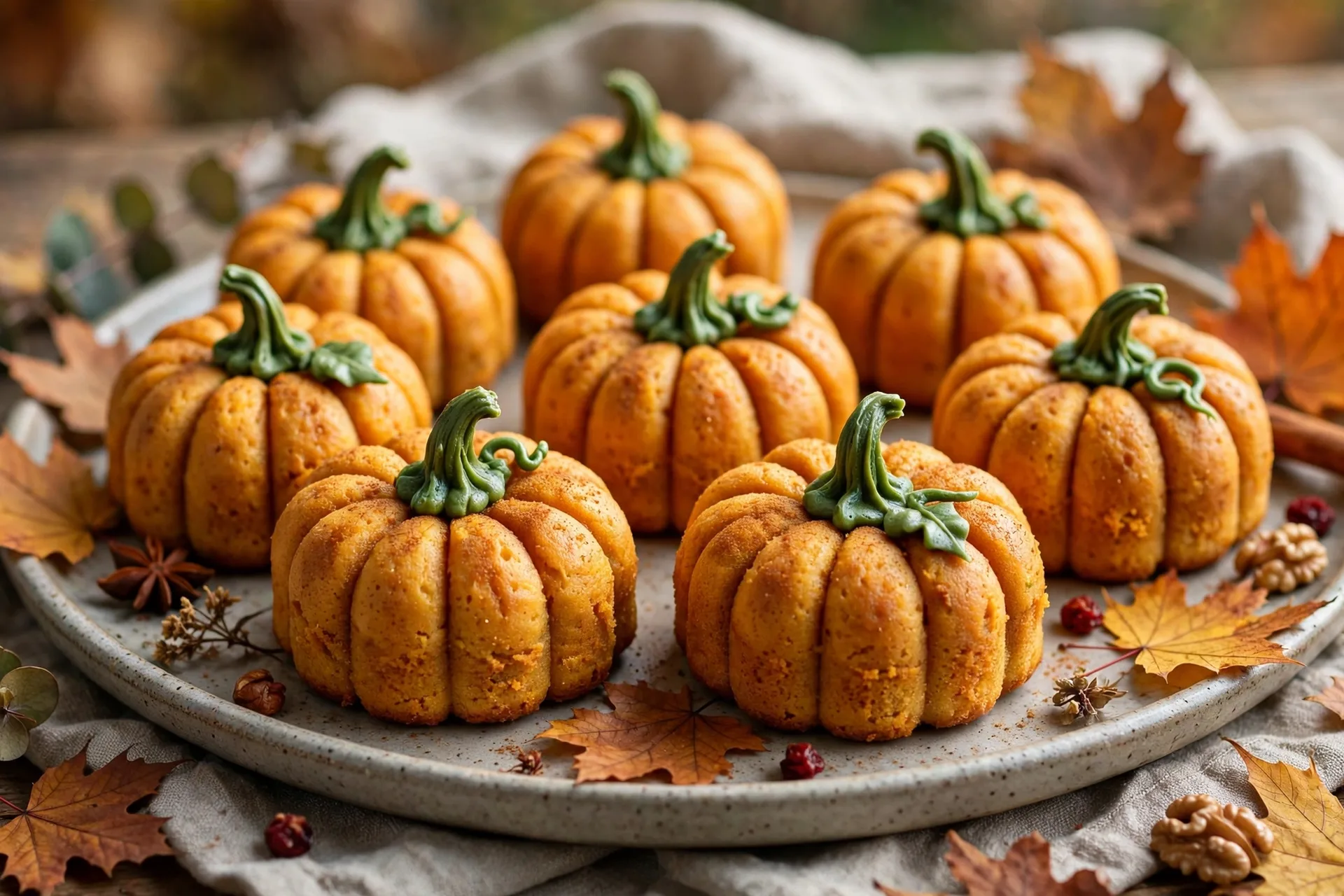 Mini pumpkin cakes shaped like little pumpkins with green frosting stems on a platter