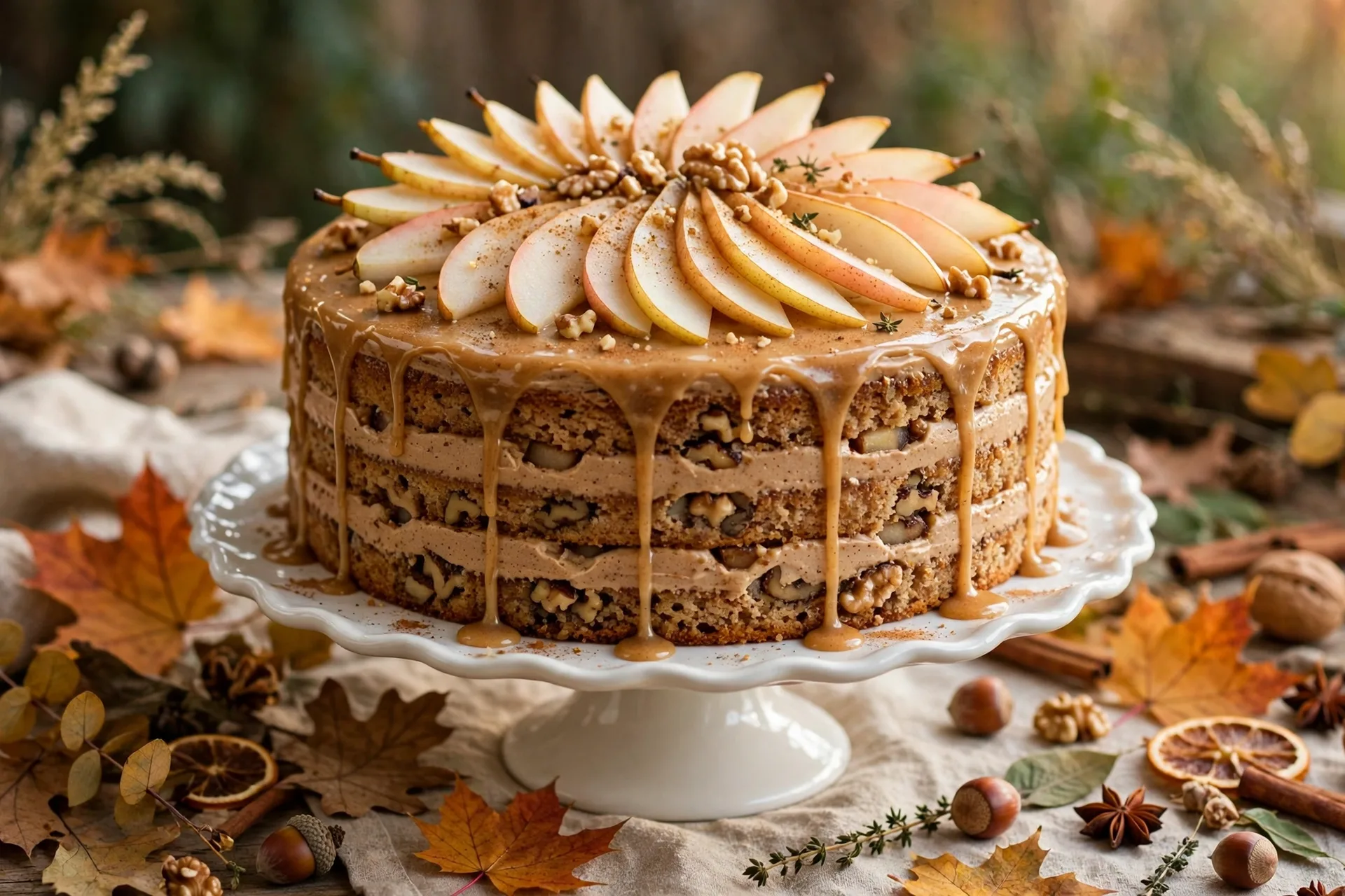 Spiced pear and walnut layer cake with thin brown butter glaze and fanned pear slices