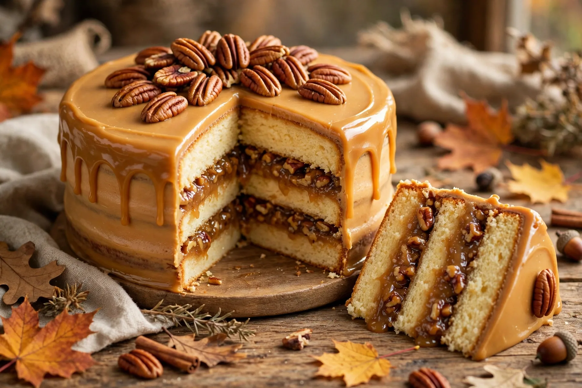 Pecan pie layer cake with caramel frosting and a whole pecan topping, one slice cut