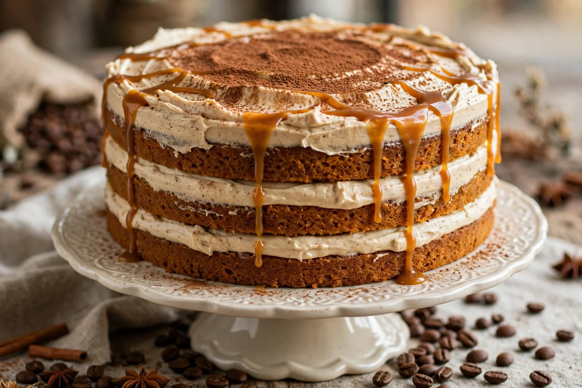 Pumpkin spice latte layer cake with coffee cream frosting and a caramel drizzle