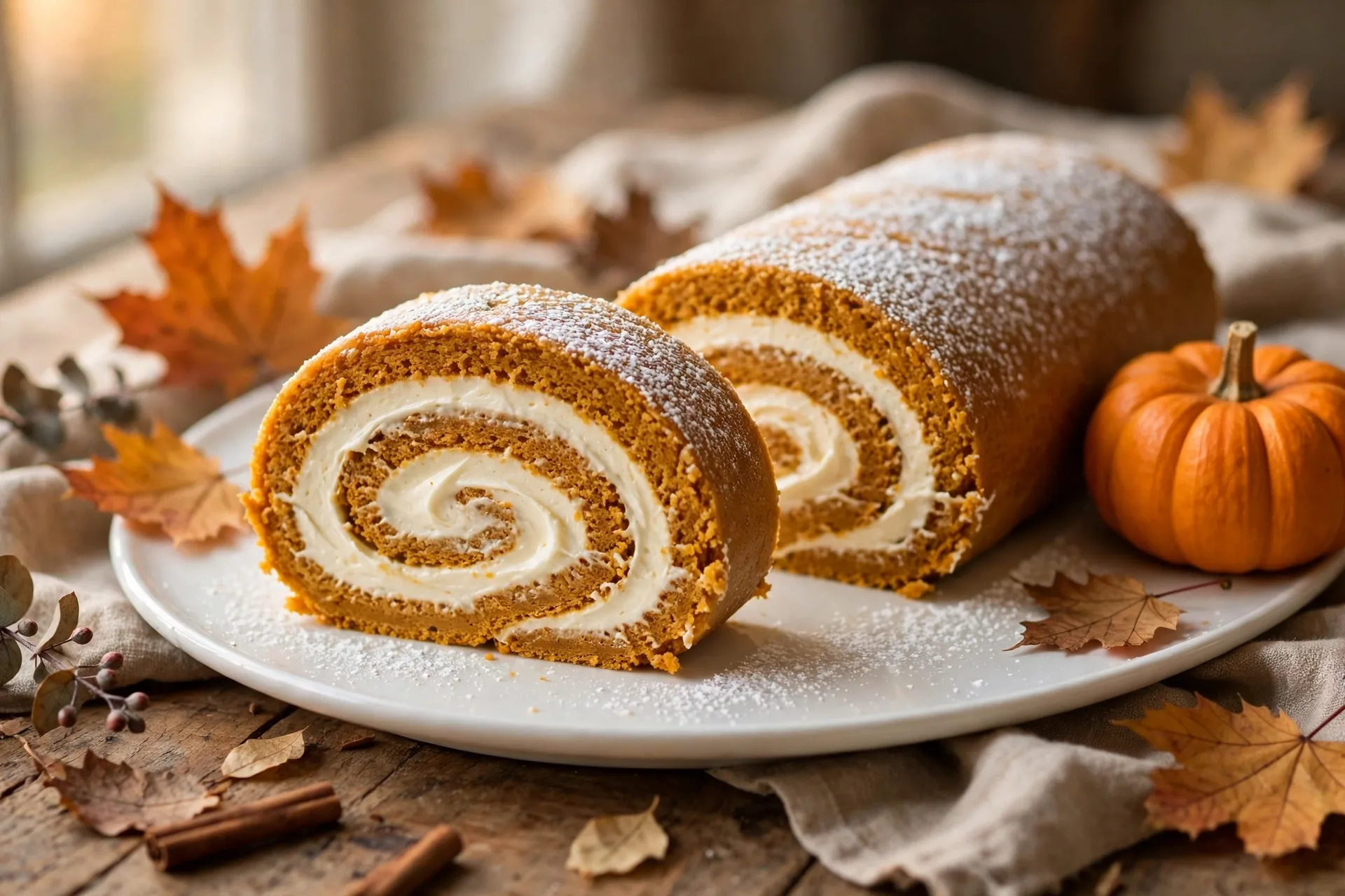 Sliced pumpkin roll cake showing the cream cheese swirl, dusted with powdered sugar
