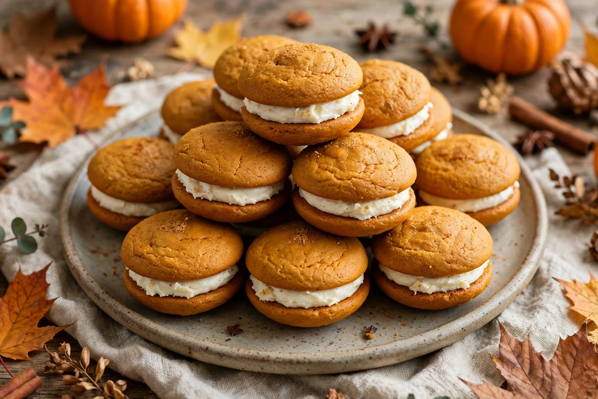 Mini pumpkin whoopie pies with cream cheese filling on a platter