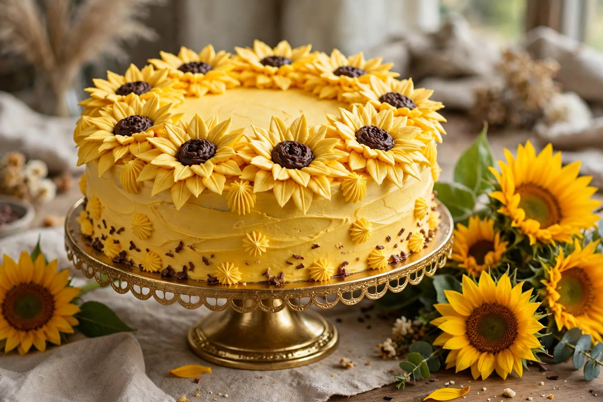 Sunflower showpiece cake with golden yellow piped sunflower petals and chocolate centers
