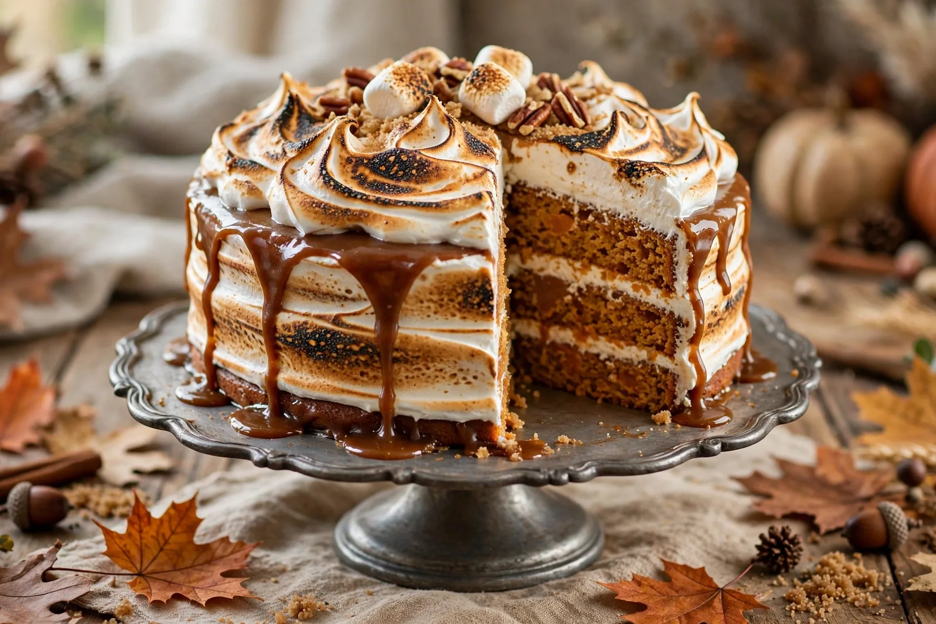 Sweet potato brown sugar layer cake with toasted marshmallow frosting