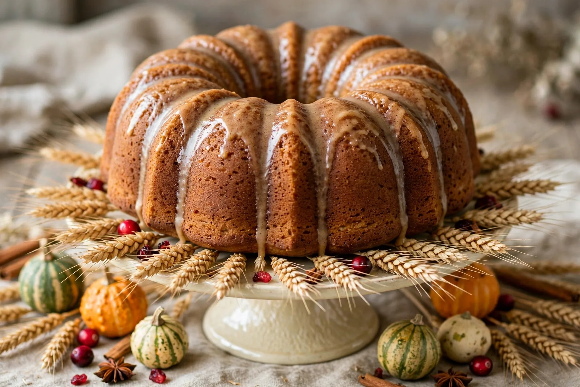Brown butter spice bundt cake styled with dried wheat stalks, mini gourds and cranberries