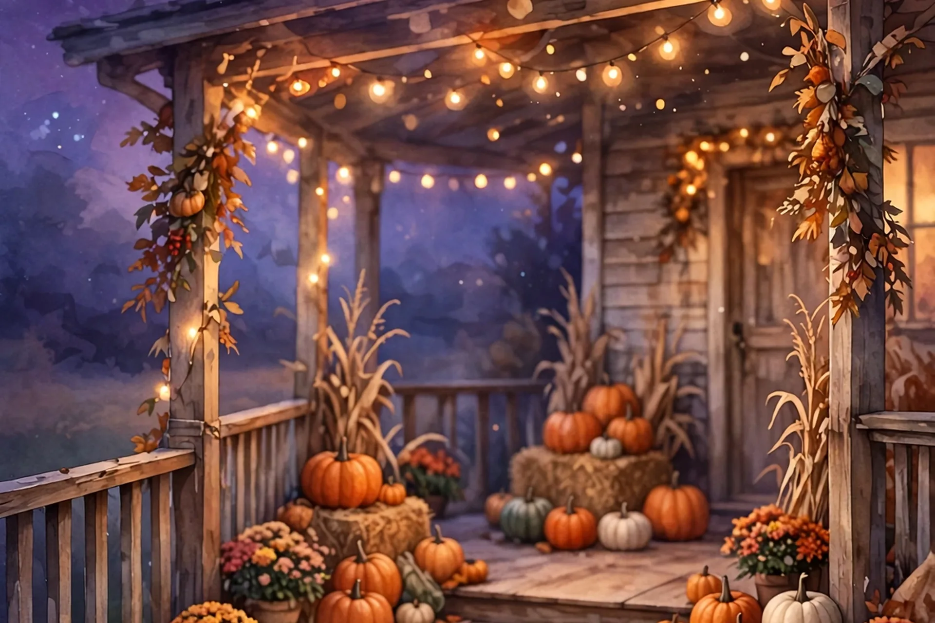 Candlelit Thanksgiving dinner table with roasted turkey, autumn porch with pumpkins at dusk, starry deep purple night sky