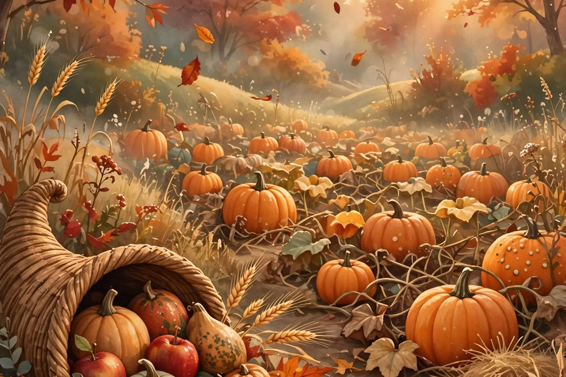 Golden pumpkin patch and cornucopia overflowing with gourds and apples, autumn leaves falling, warm golden light