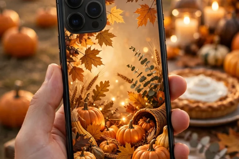 Hand holding an iPhone showing a golden pumpkin patch Thanksgiving wallpaper, with a cozy Thanksgiving table blurred behind it