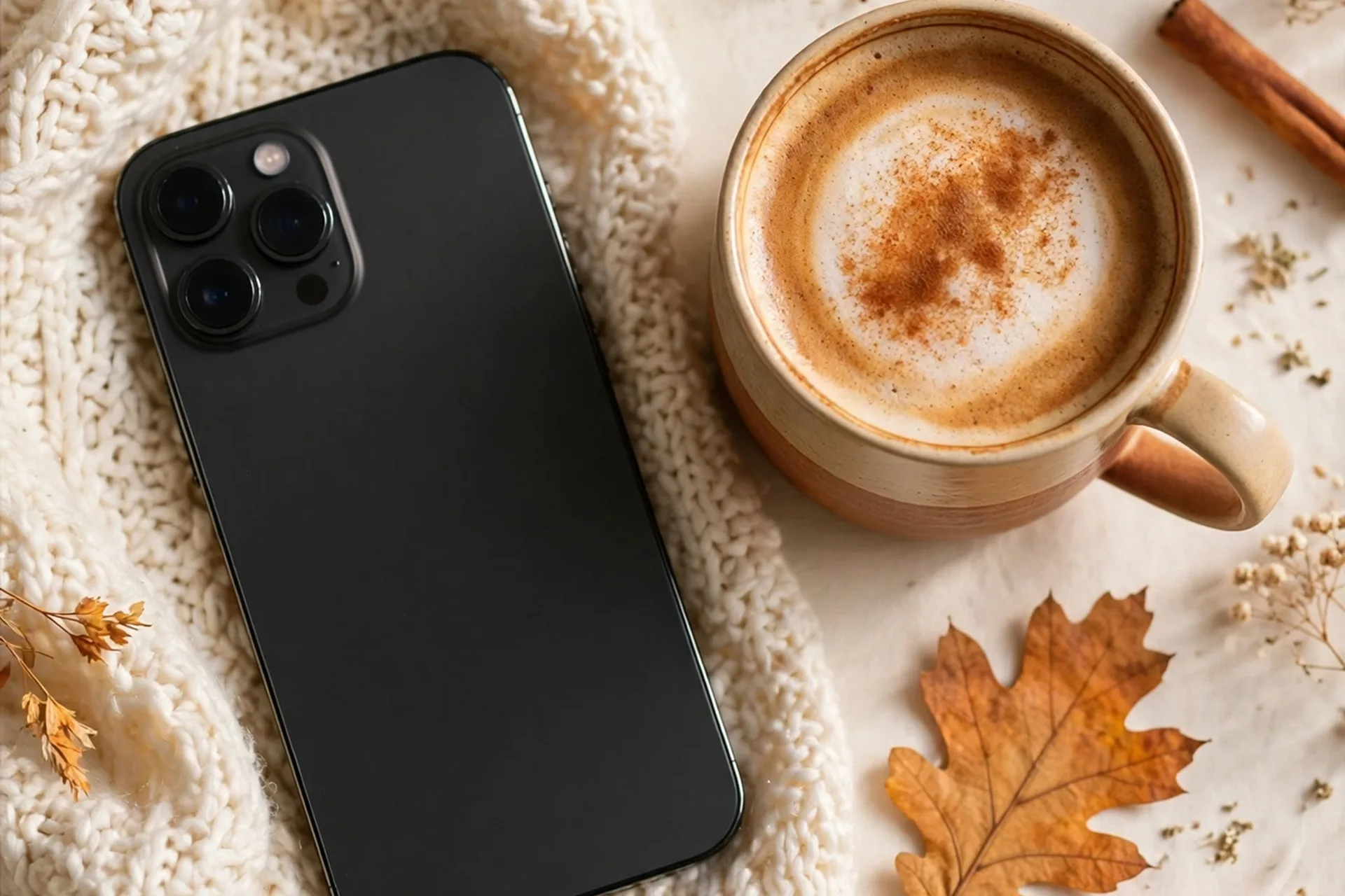 iPhone on a cream knit blanket with pumpkin-spice coffee, pressed autumn leaves, and a small pumpkin in warm morning light