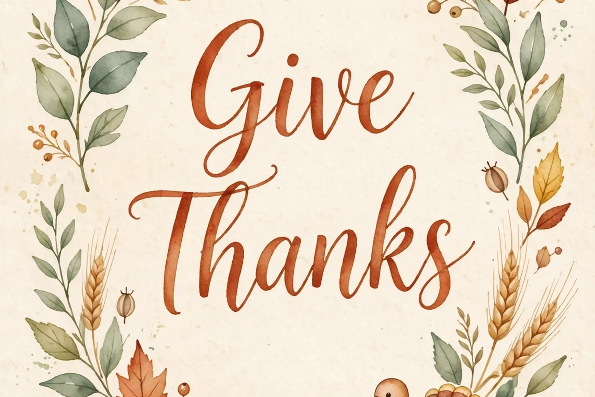 Hand-lettered Give Thanks design on cream paper with watercolor autumn leaves and a small cute illustrated turkey