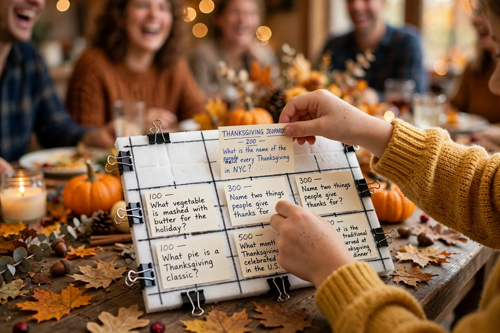 Two Thanksgiving teams buzzing in with game show buzzers on a rustic table