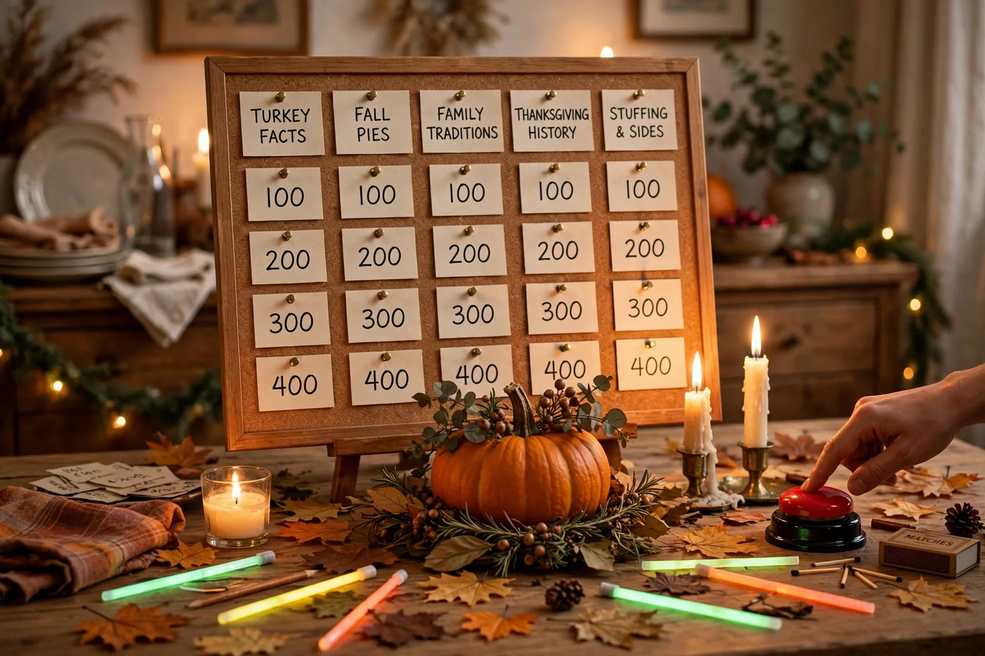 Colorful construction paper category cards for a homemade Thanksgiving Jeopardy game