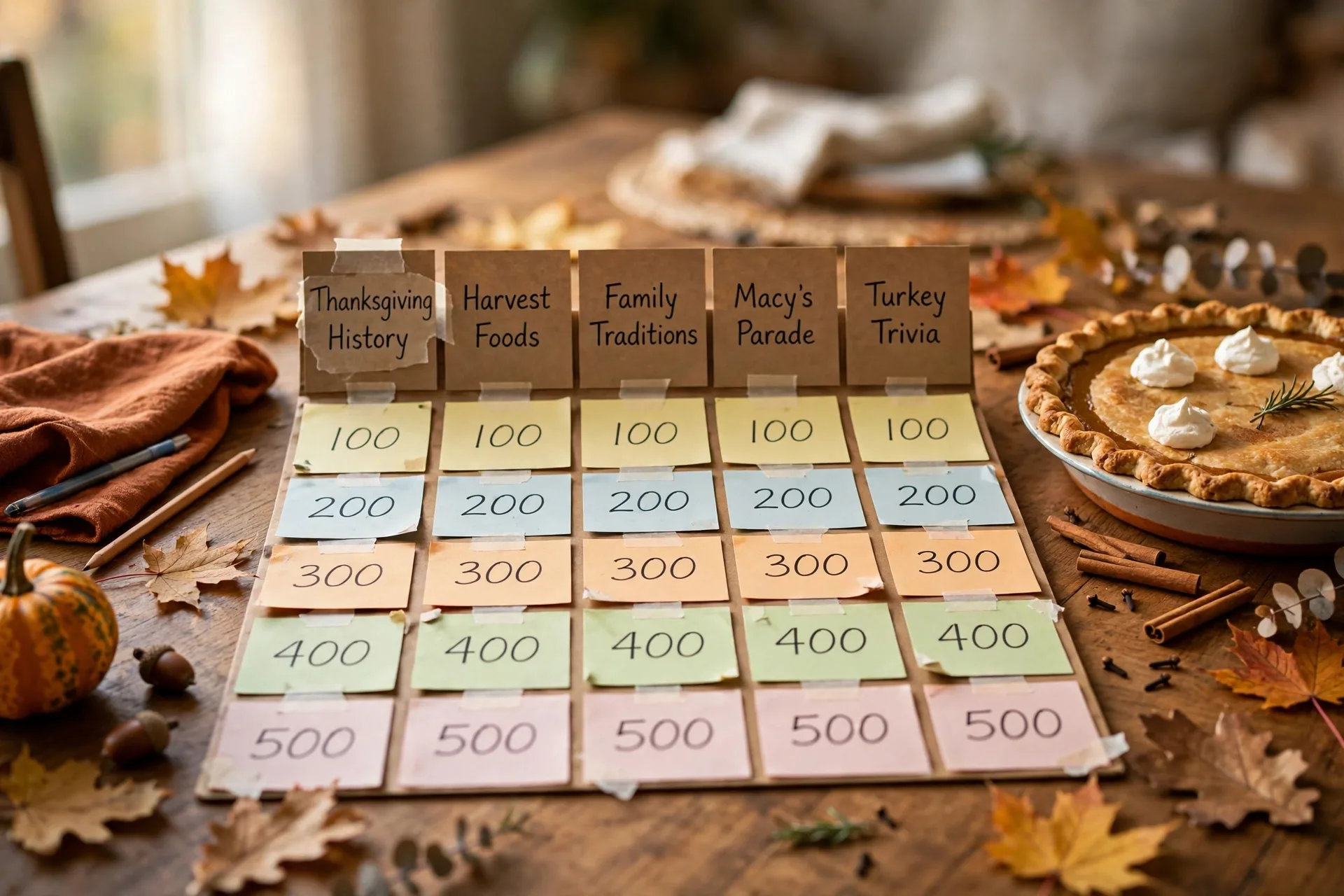 Thanksgiving Jeopardy board with category cards and point values on a family table