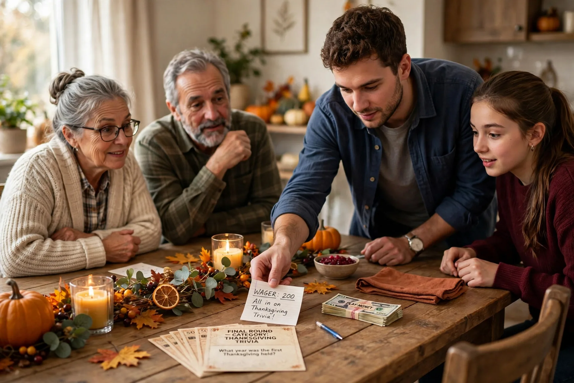 Player placing a wager slip on the table for a Daily Double question