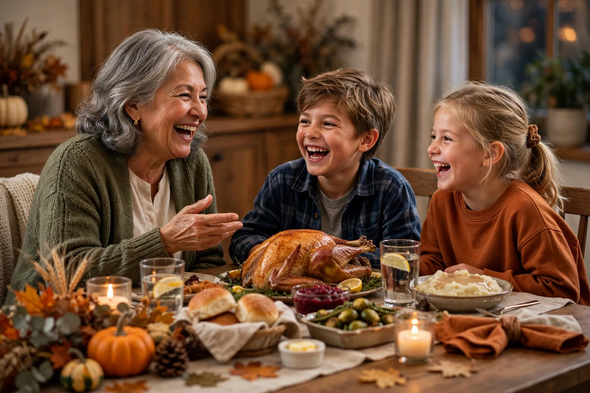 Grandmother sharing a family story with grandchildren at Thanksgiving dinner
