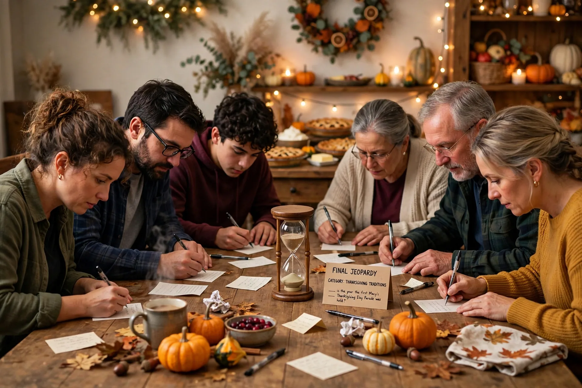 Teams writing Final Jeopardy answers with a sand timer on the Thanksgiving table