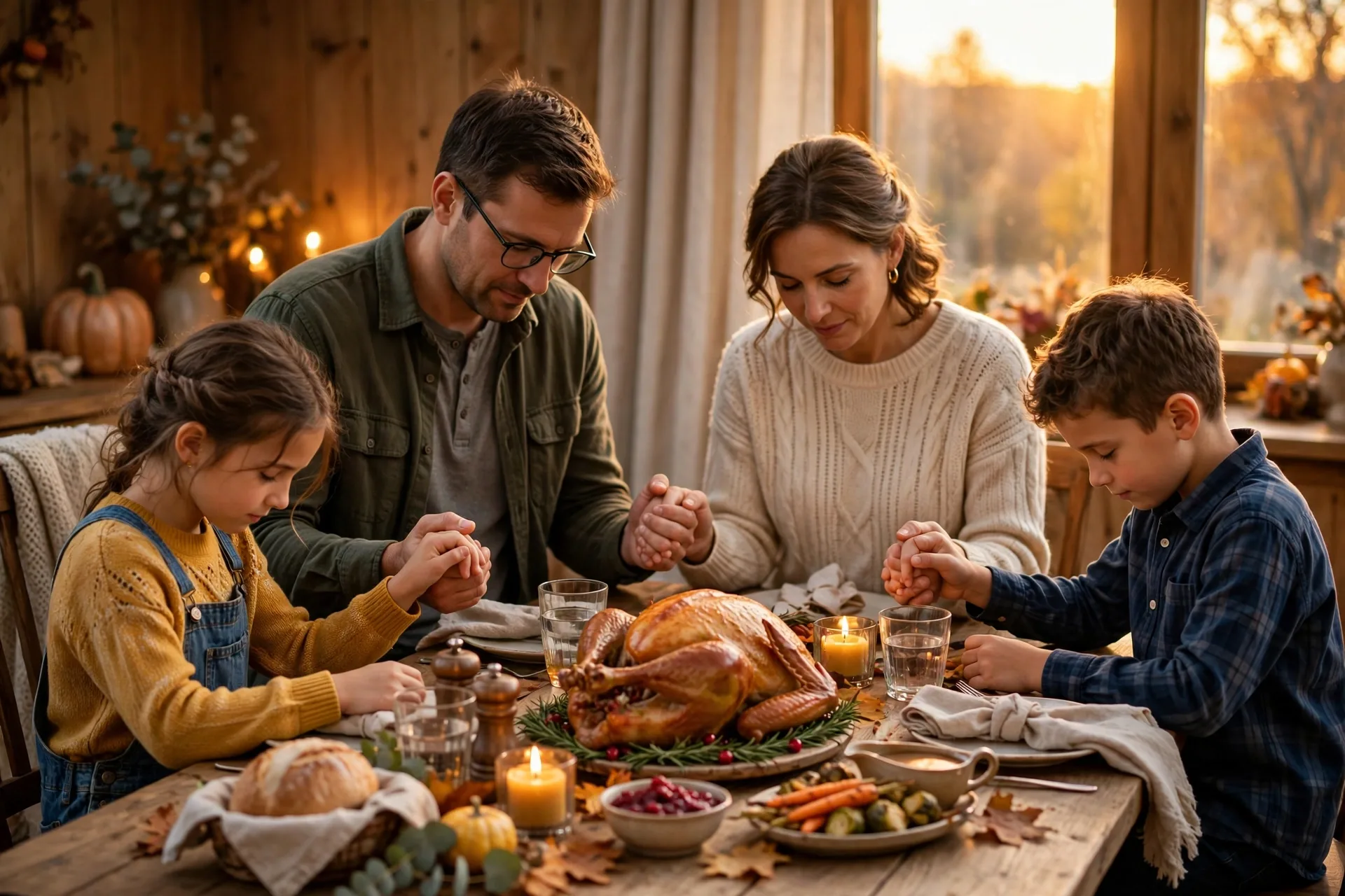 Family holding hands around the Thanksgiving table sharing what they are thankful for