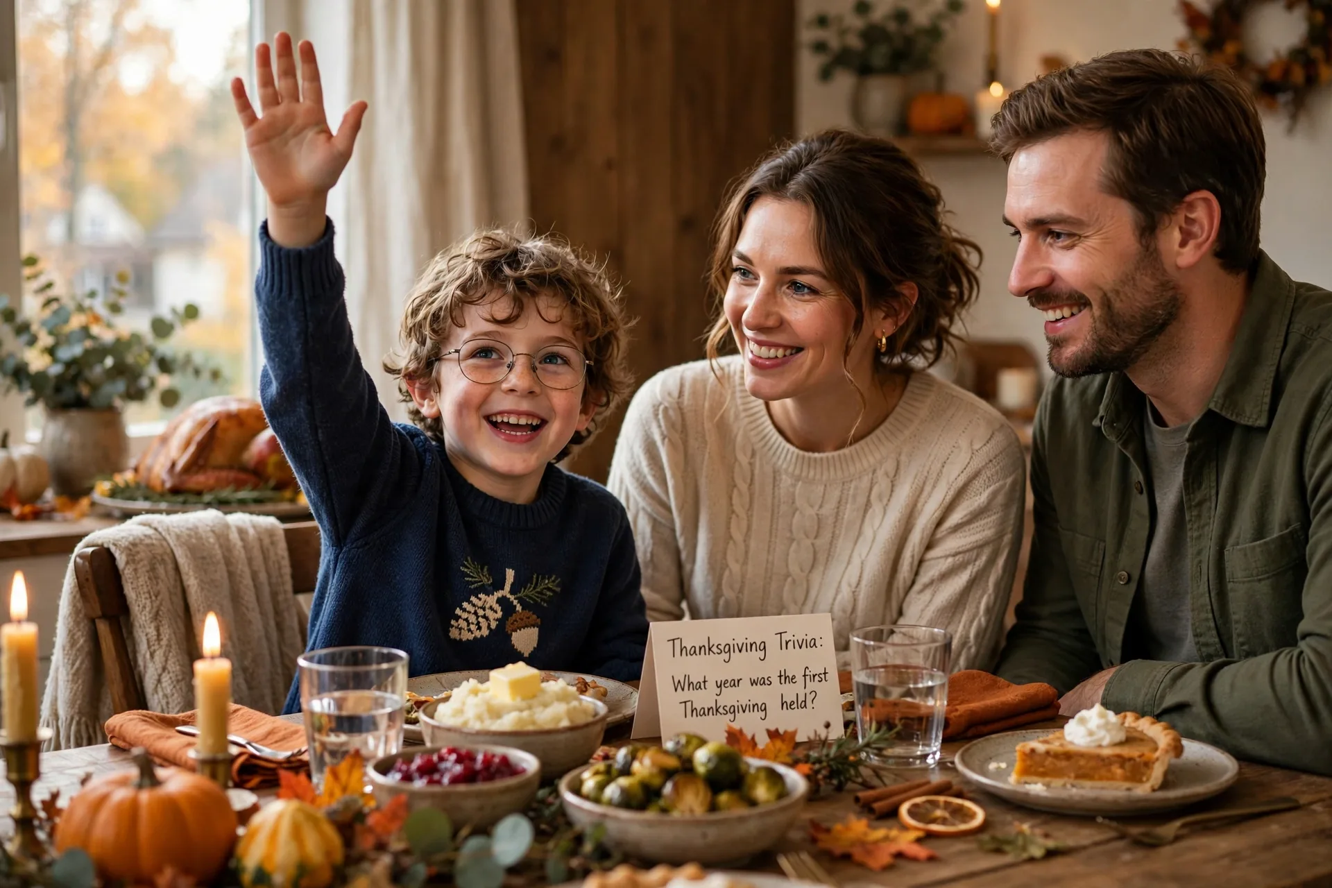Young child answering an easy Thanksgiving trivia question at the family table