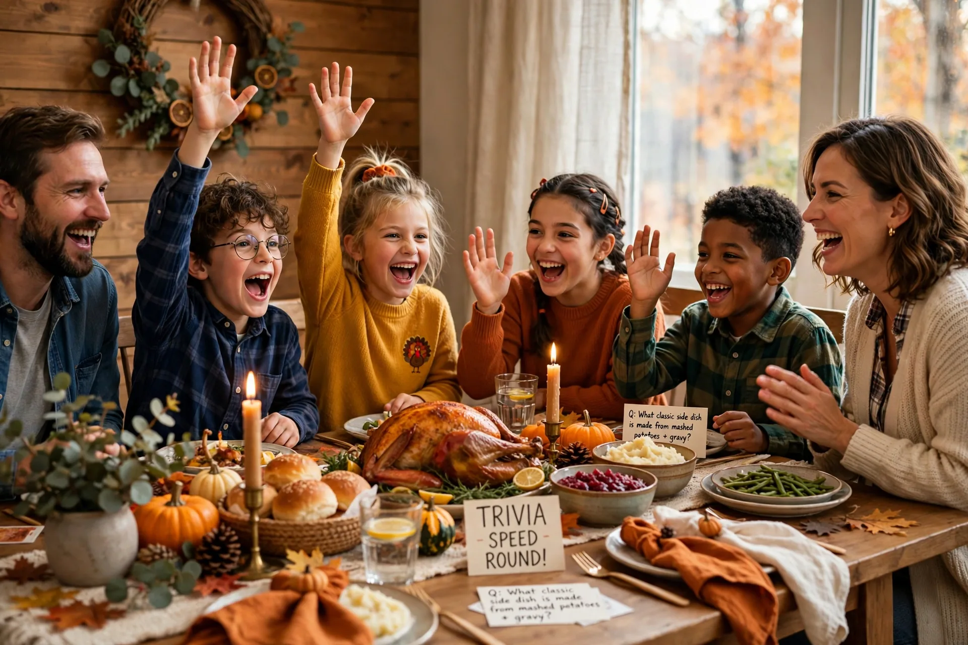 Excited kids shouting answers during a fast Thanksgiving trivia speed round