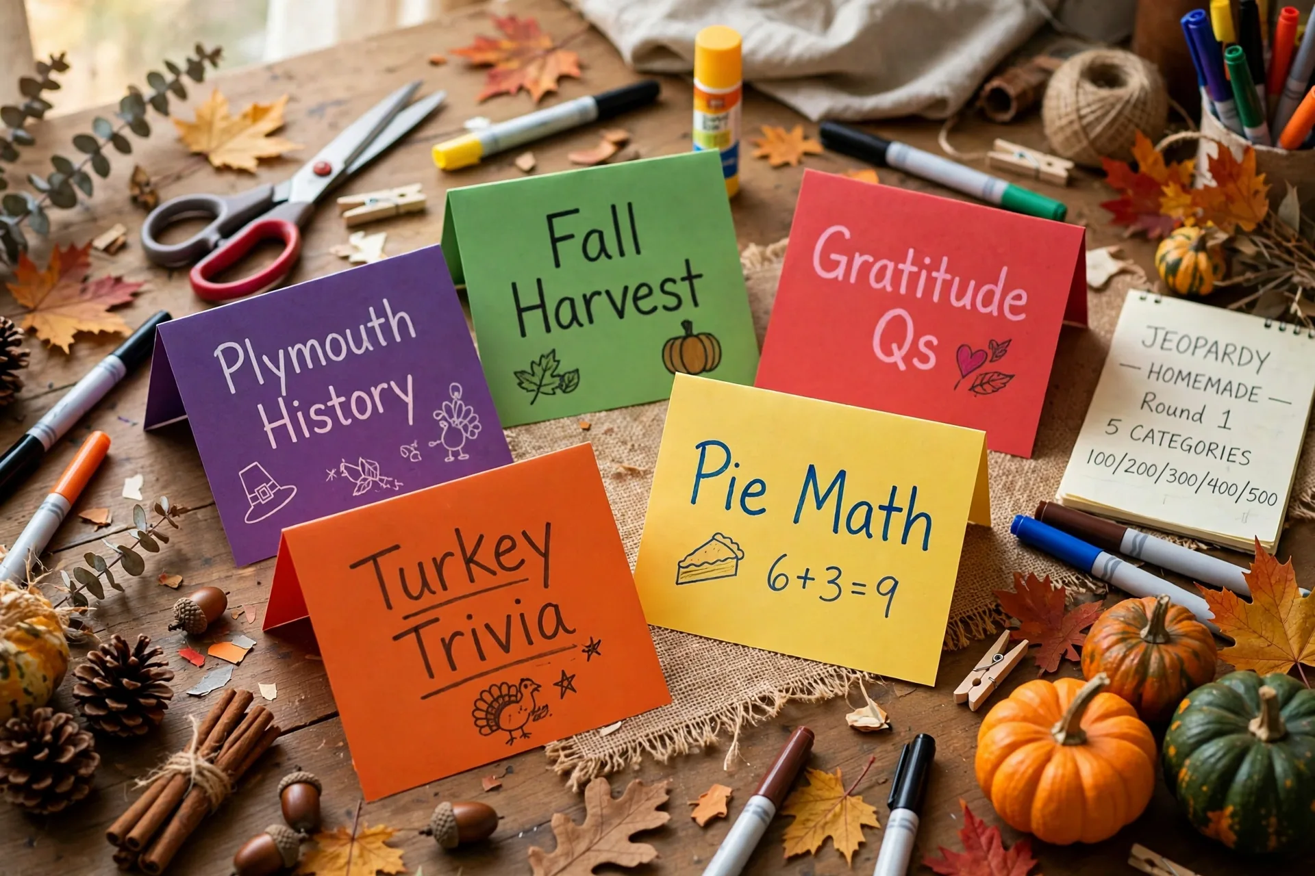 Child placing a handwritten Thanksgiving Jeopardy question card on a foam board grid