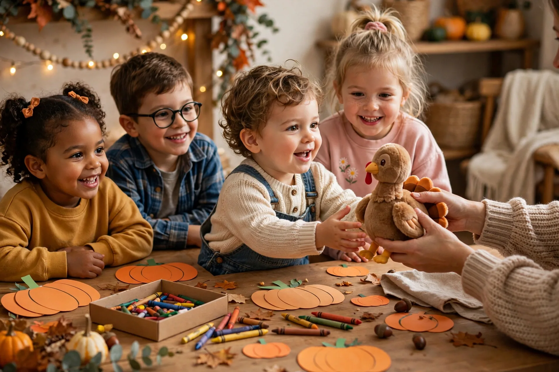A toddler passing a soft toy prize with a grown-up's help at the kids' Thanksgiving table