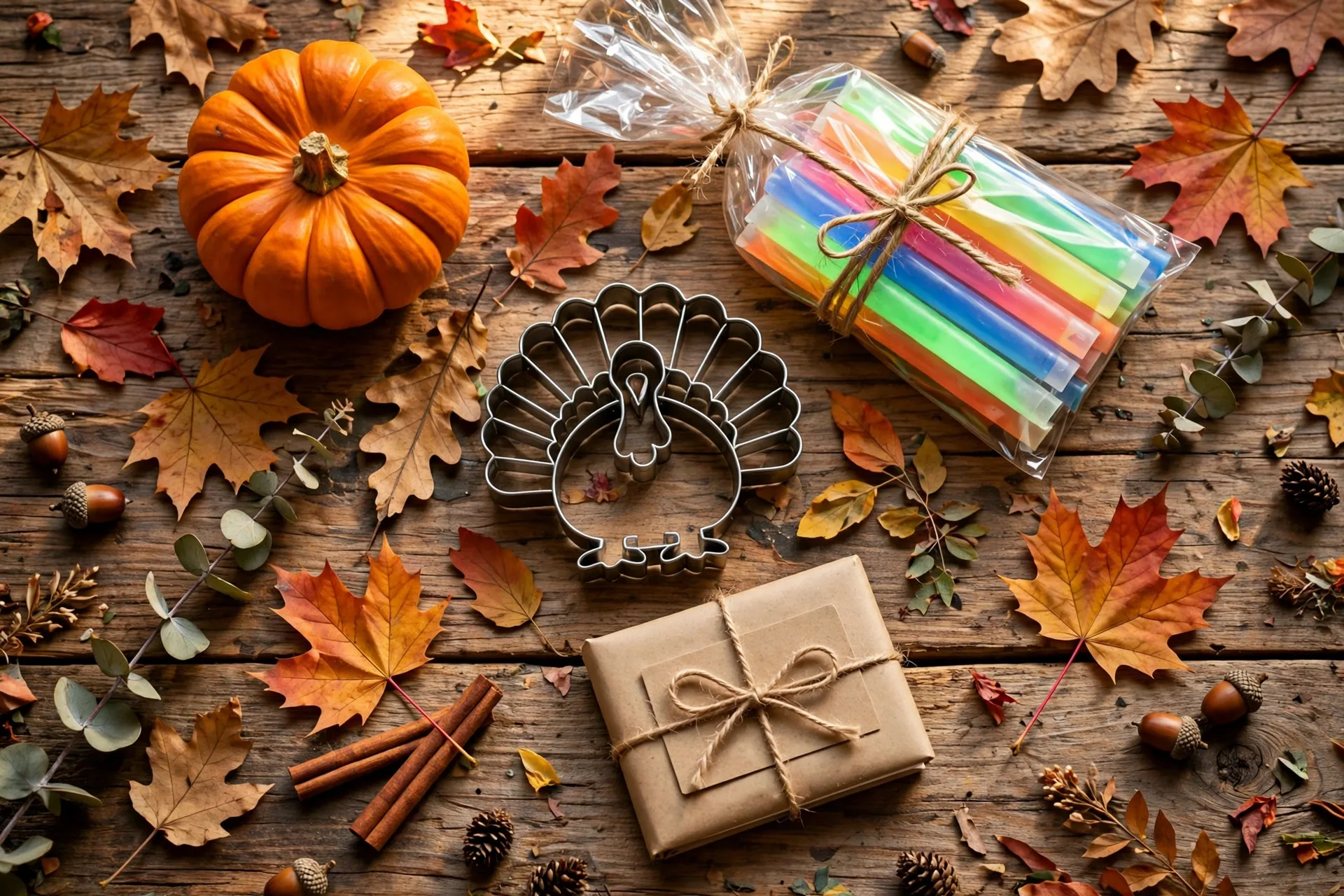 Small wrapped Thanksgiving prizes and a mini pumpkin arranged as pass-along game prizes