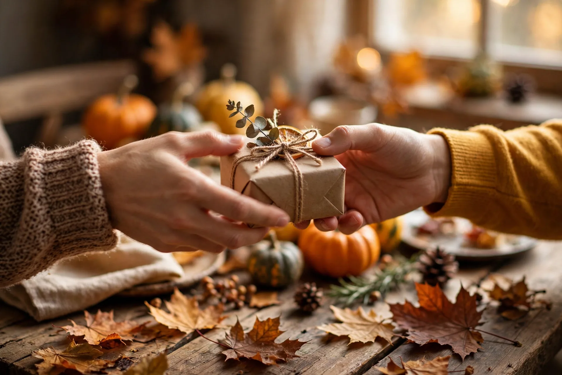 Close-up of hands passing a small wrapped gift around a Thanksgiving table during the left right game
