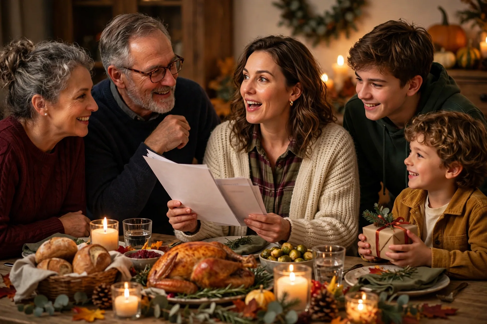 Reader reading a Thanksgiving left right game story aloud at a candlelit table while family passes a wrapped gift