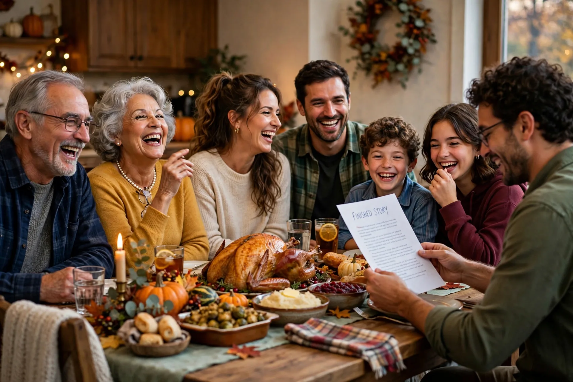 Family laughing together as someone reads a finished mad libs story aloud at the dinner table