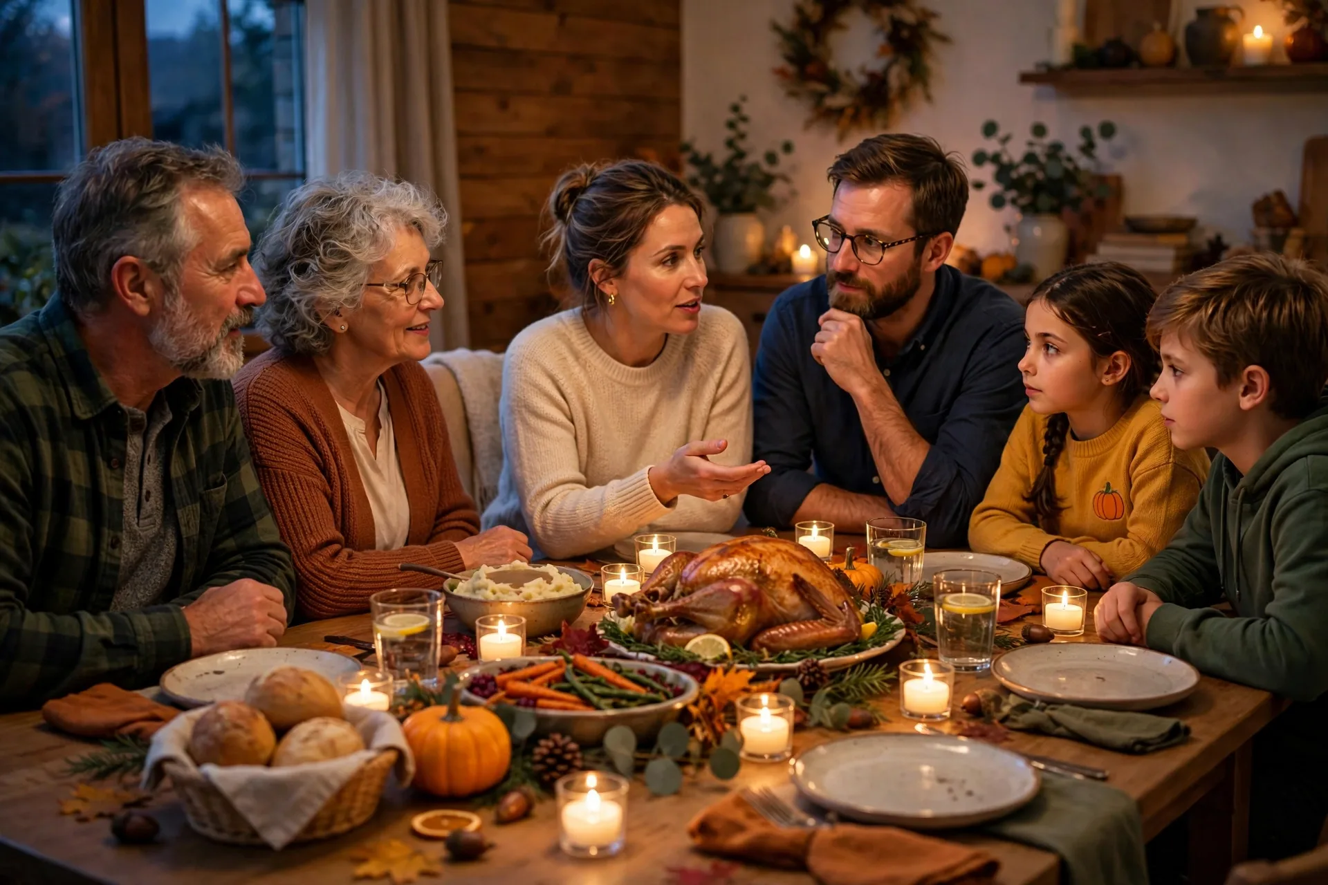 Cozy Thanksgiving table glowing with tea lights during a mad libs read-aloud after dinner