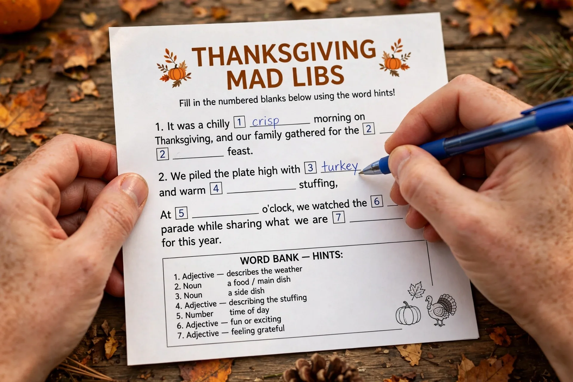 Close-up of hands filling in numbered word blanks on a Thanksgiving mad libs story sheet