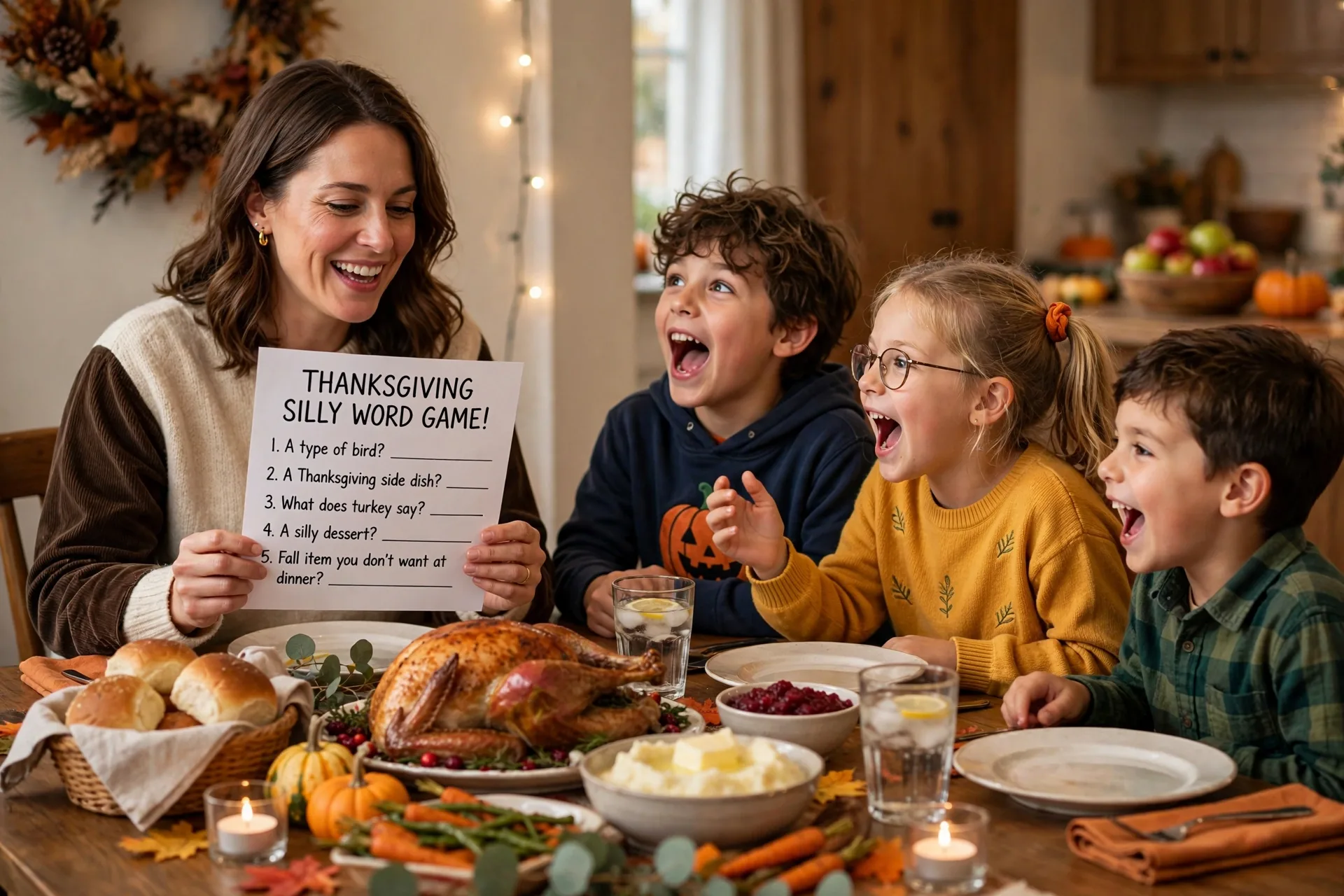 Mom reading numbered word prompts from a printed bank while kids shout silly answers