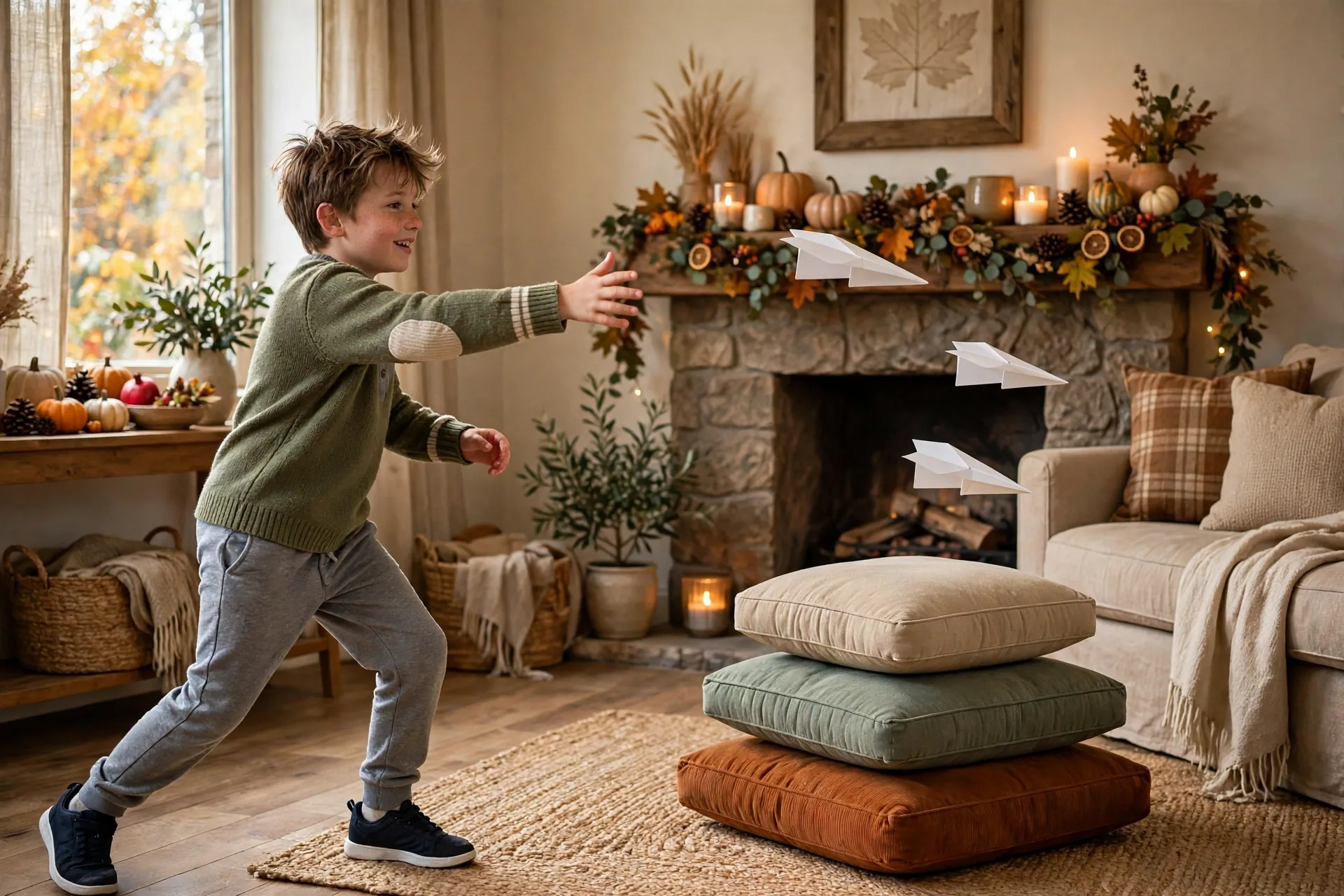 Paper airplanes flying toward a couch cushion landing target in a Thanksgiving living room