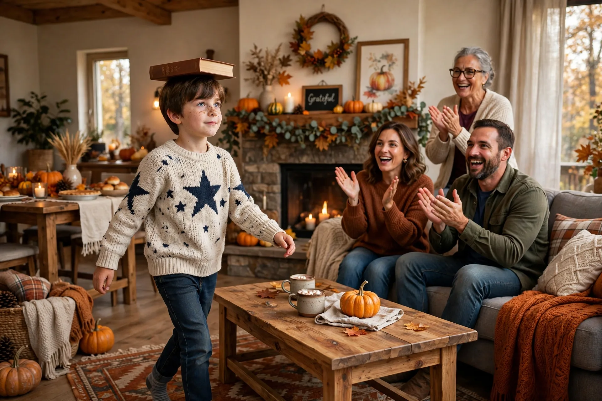Child walking carefully with a hardcover book balanced on their head around a coffee table while family cheers