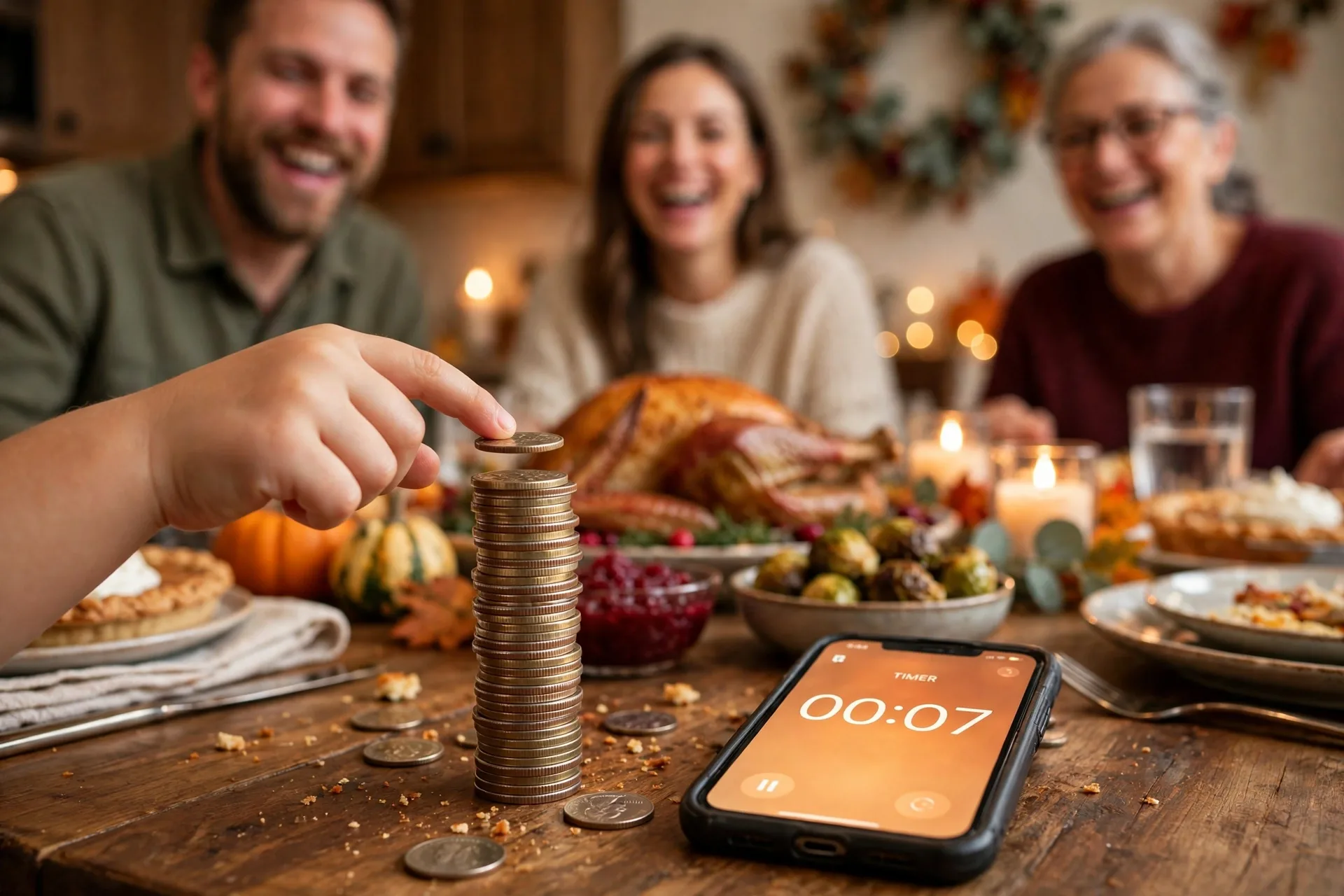 Child stacking coins into a tall tower with one finger on a Thanksgiving dinner table while family watches