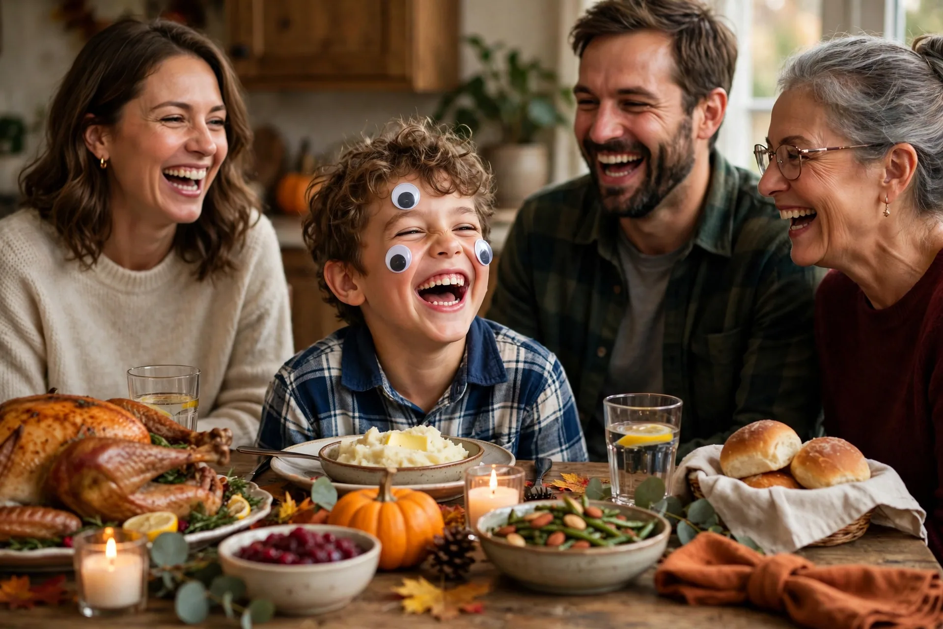 Laughing child with self-adhesive googly eyes stuck on cheeks and forehead at a Thanksgiving table