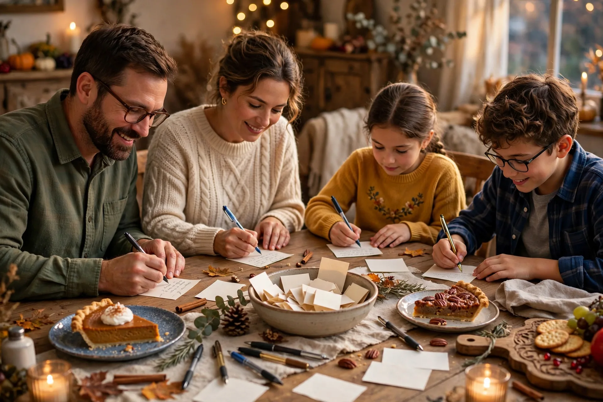 Family writing gratitude notes on slips of paper at a Thanksgiving table, a bowl in the center for folded notes