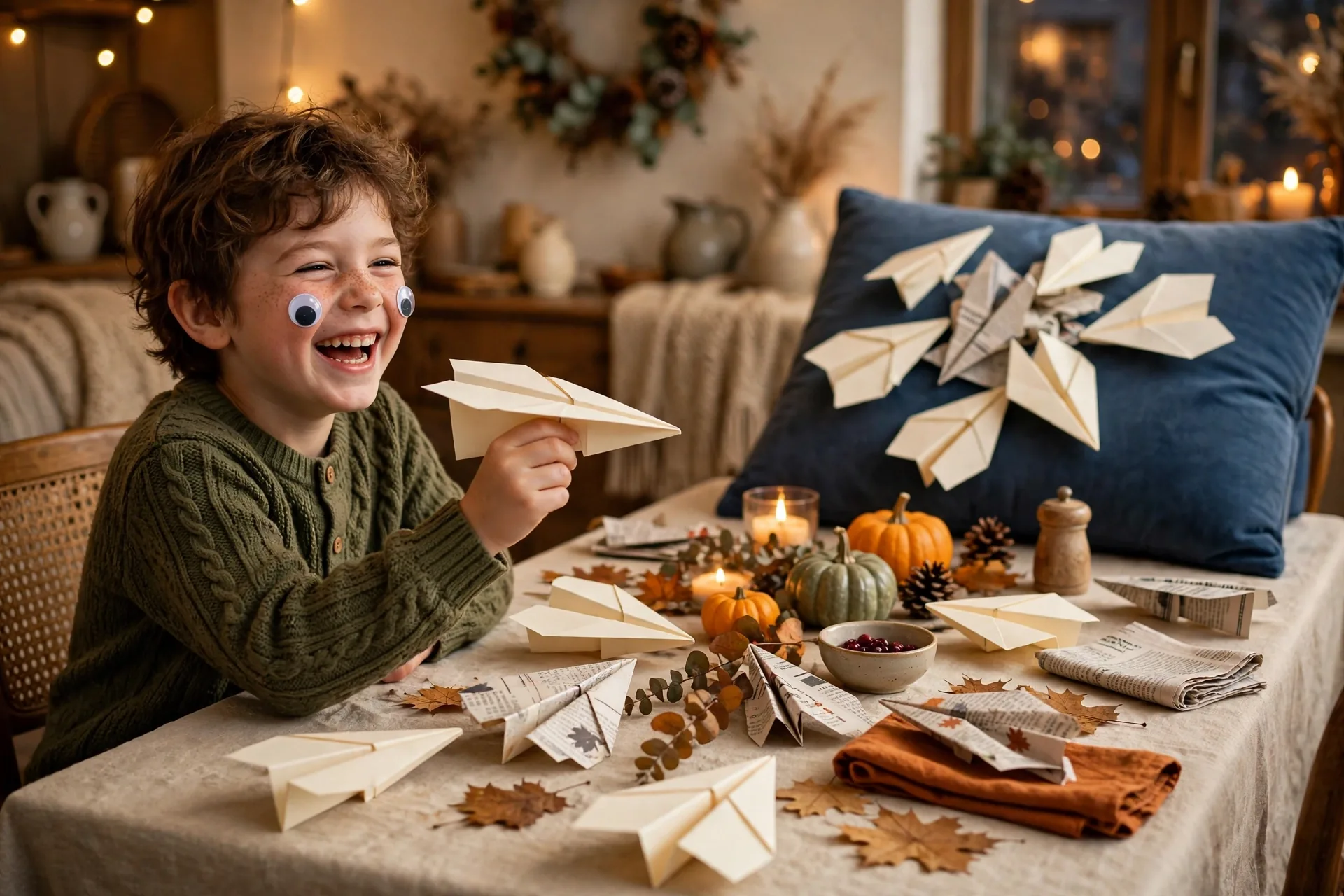 Kids tossing balled socks into a laundry basket in a Thanksgiving-decorated living room