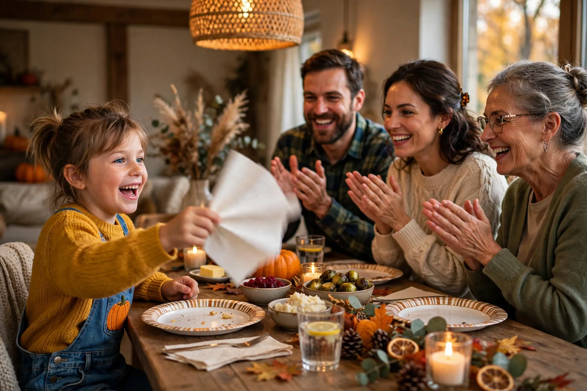Child fanning a paper napkin across a Thanksgiving table with a paper plate while family watches