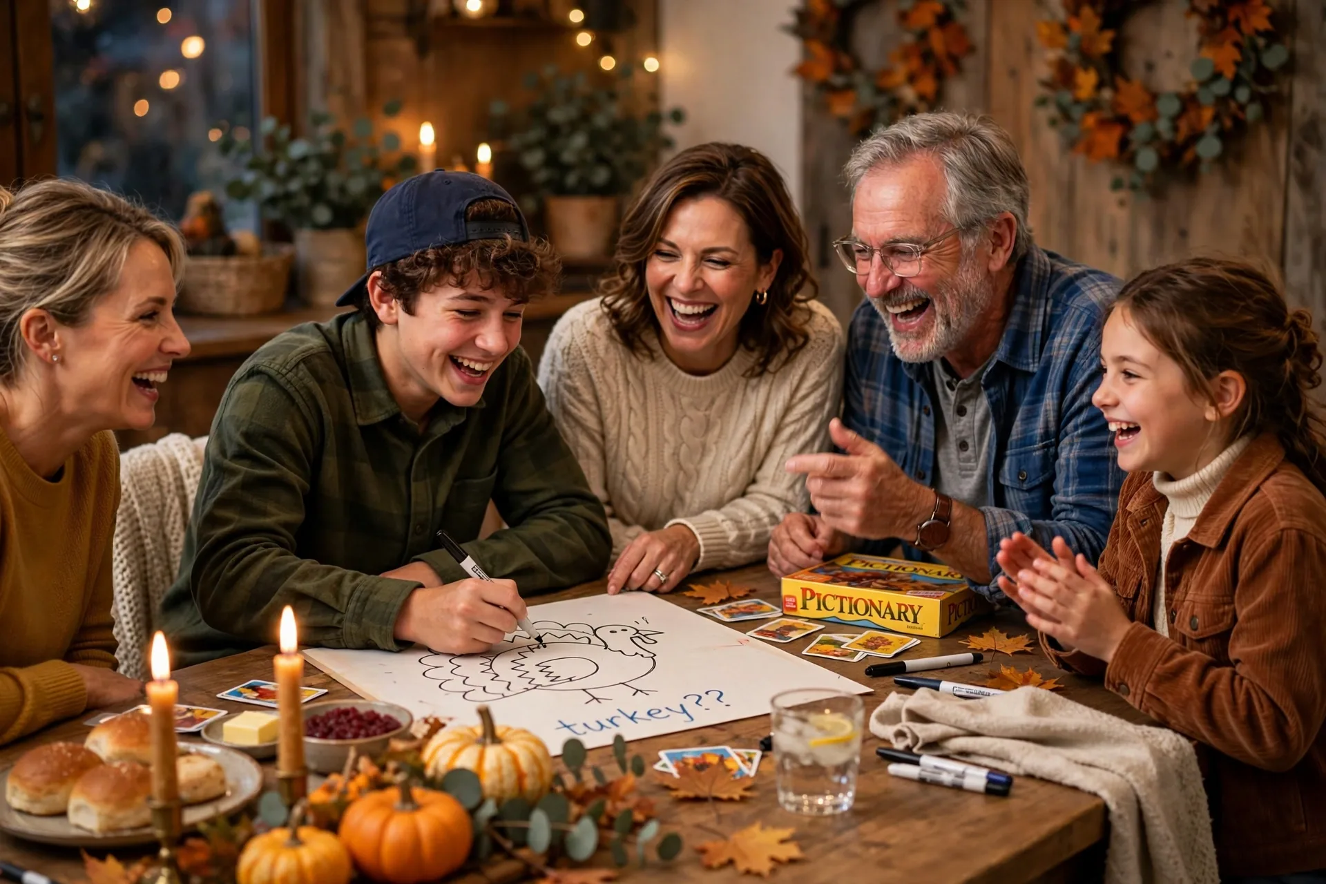 Family playing Pictionary at a Thanksgiving table, one person drawing a turkey on paper while others guess