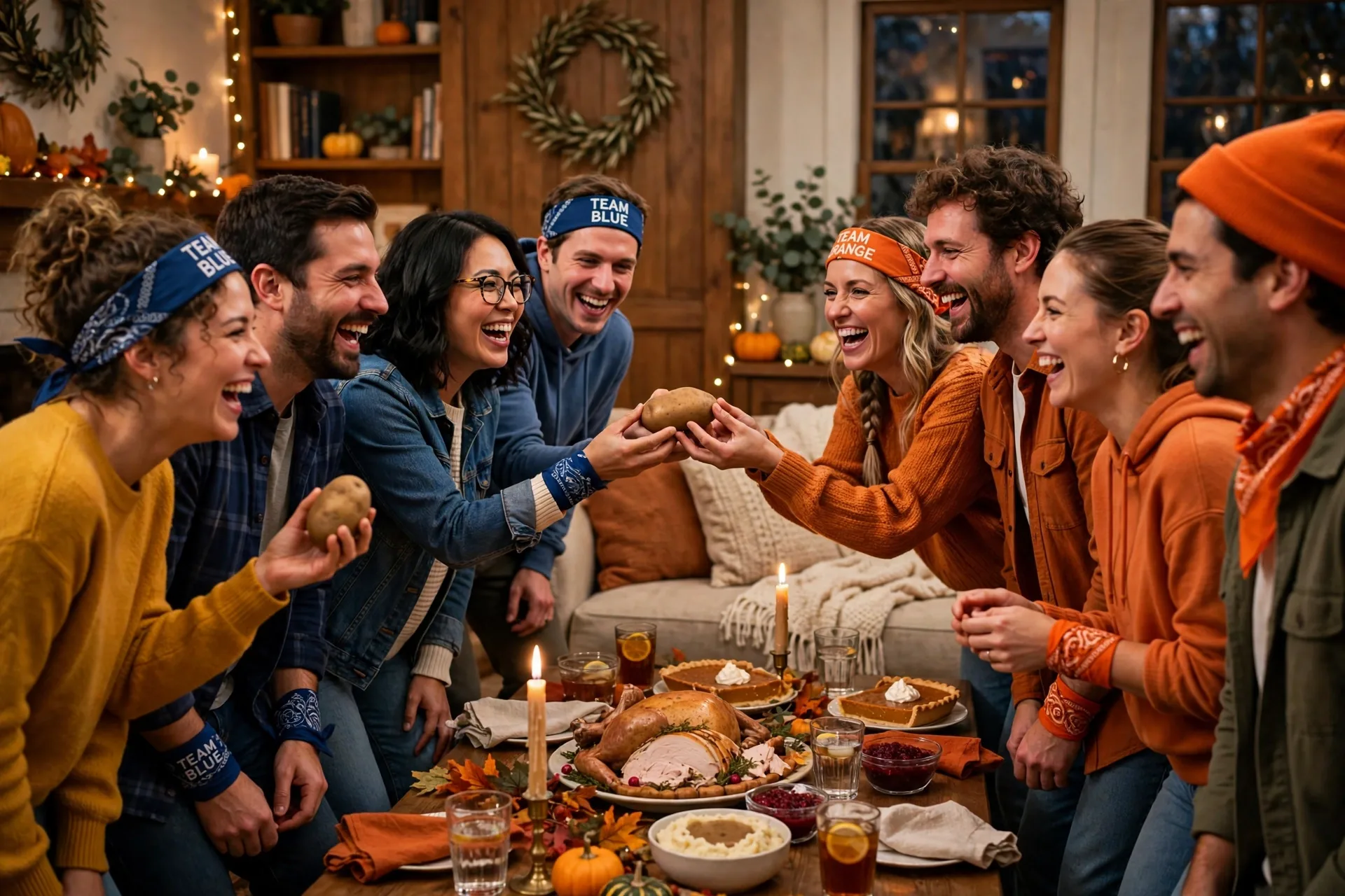 Two teams passing a potato chin-to-chin in a relay line in a living room after Thanksgiving dinner