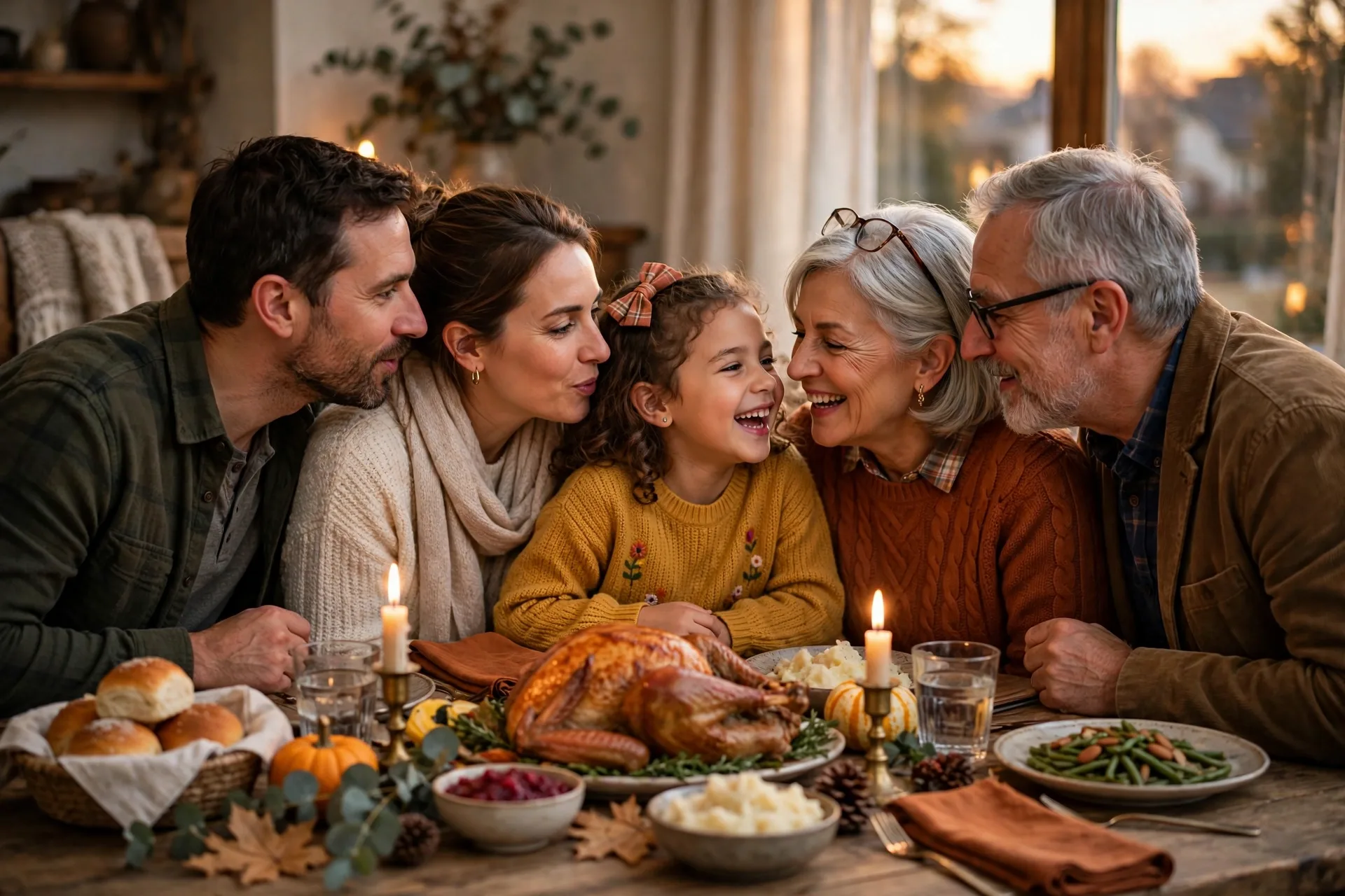 Family whispering a secret phrase ear to ear around a Thanksgiving table in a quiet game, a child giggling