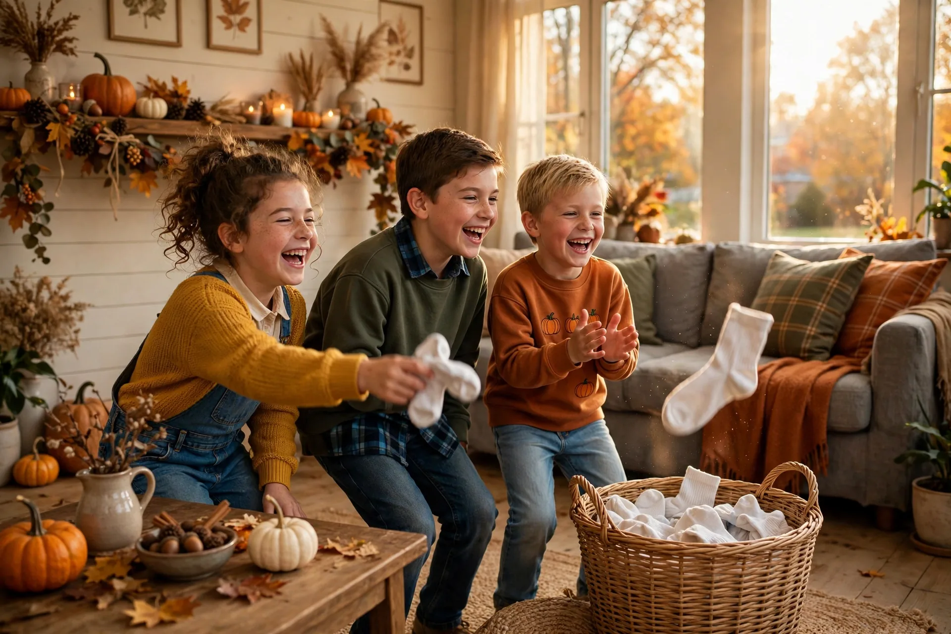 Thanksgiving dinner table with paper airplanes and a cushion landing target, child with googly eyes on cheeks
