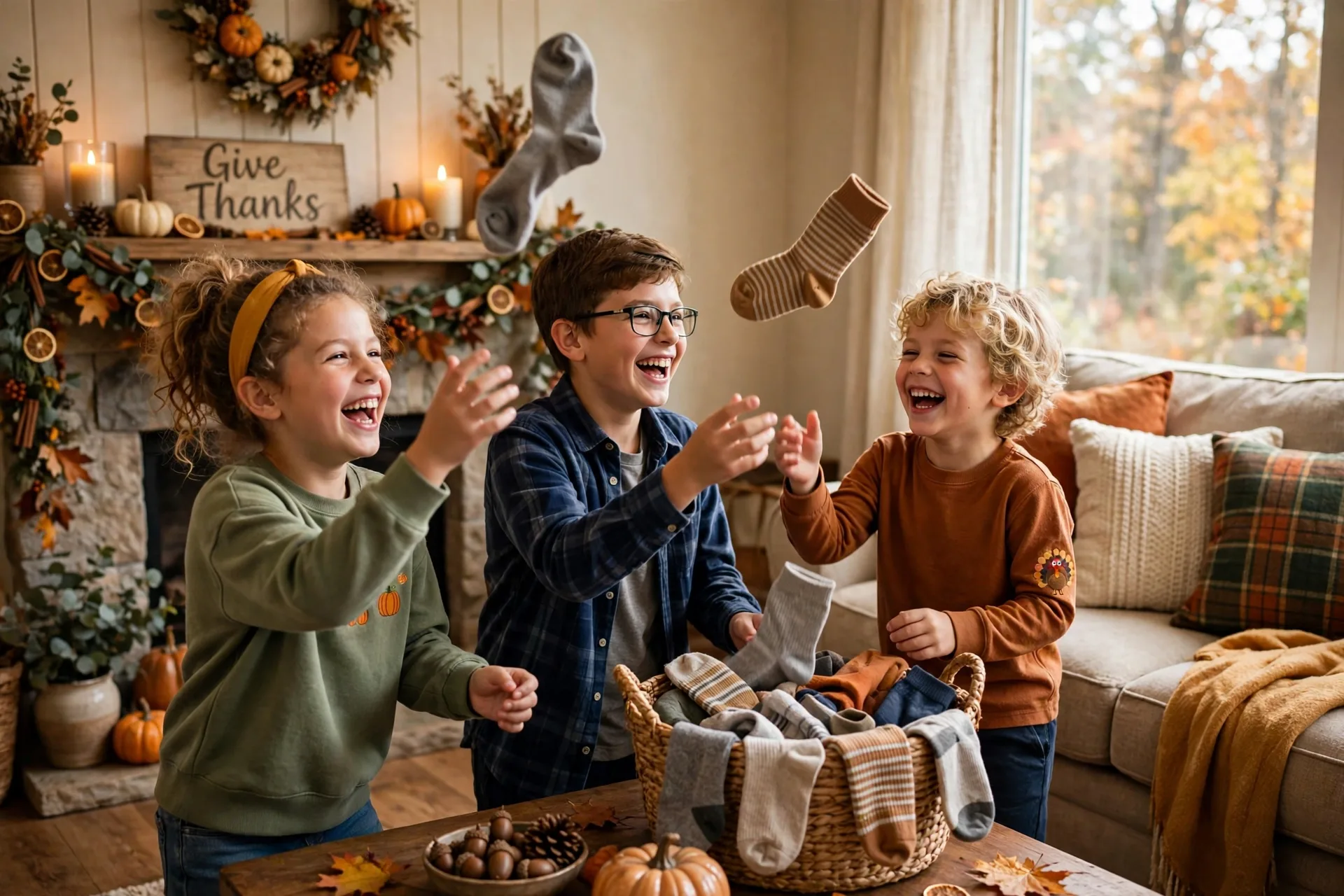 Kids tossing balled socks into a laundry basket in a Thanksgiving-decorated living room