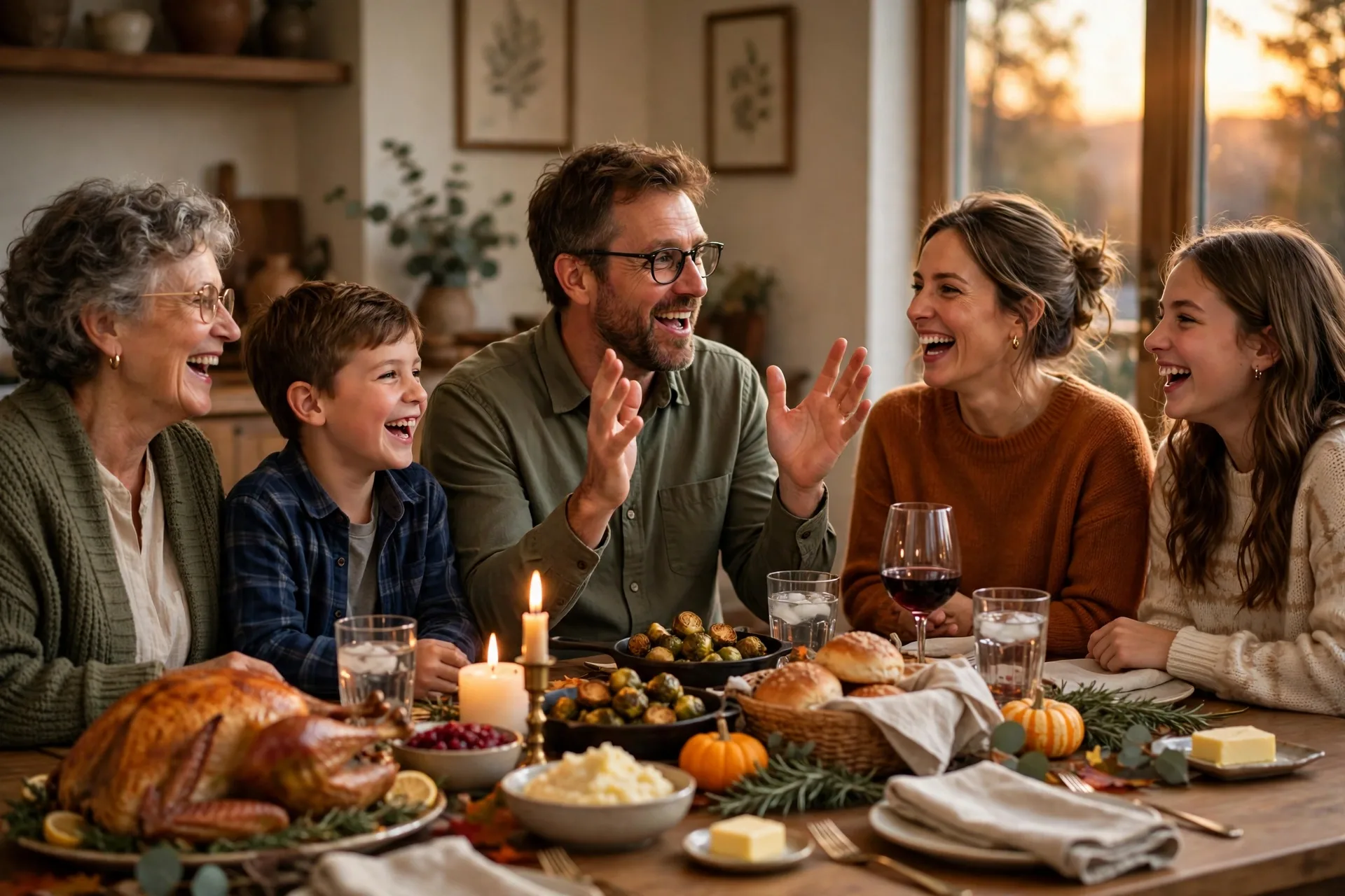 Family around a Thanksgiving table telling a story together, one person speaking with hands raised, everyone laughing