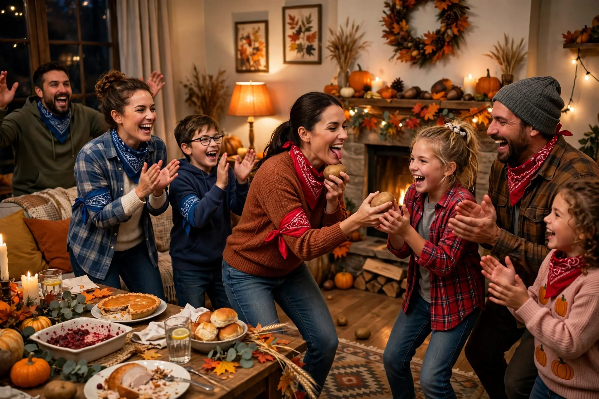 Two teams passing a potato chin-to-chin in a relay line in a living room after Thanksgiving dinner