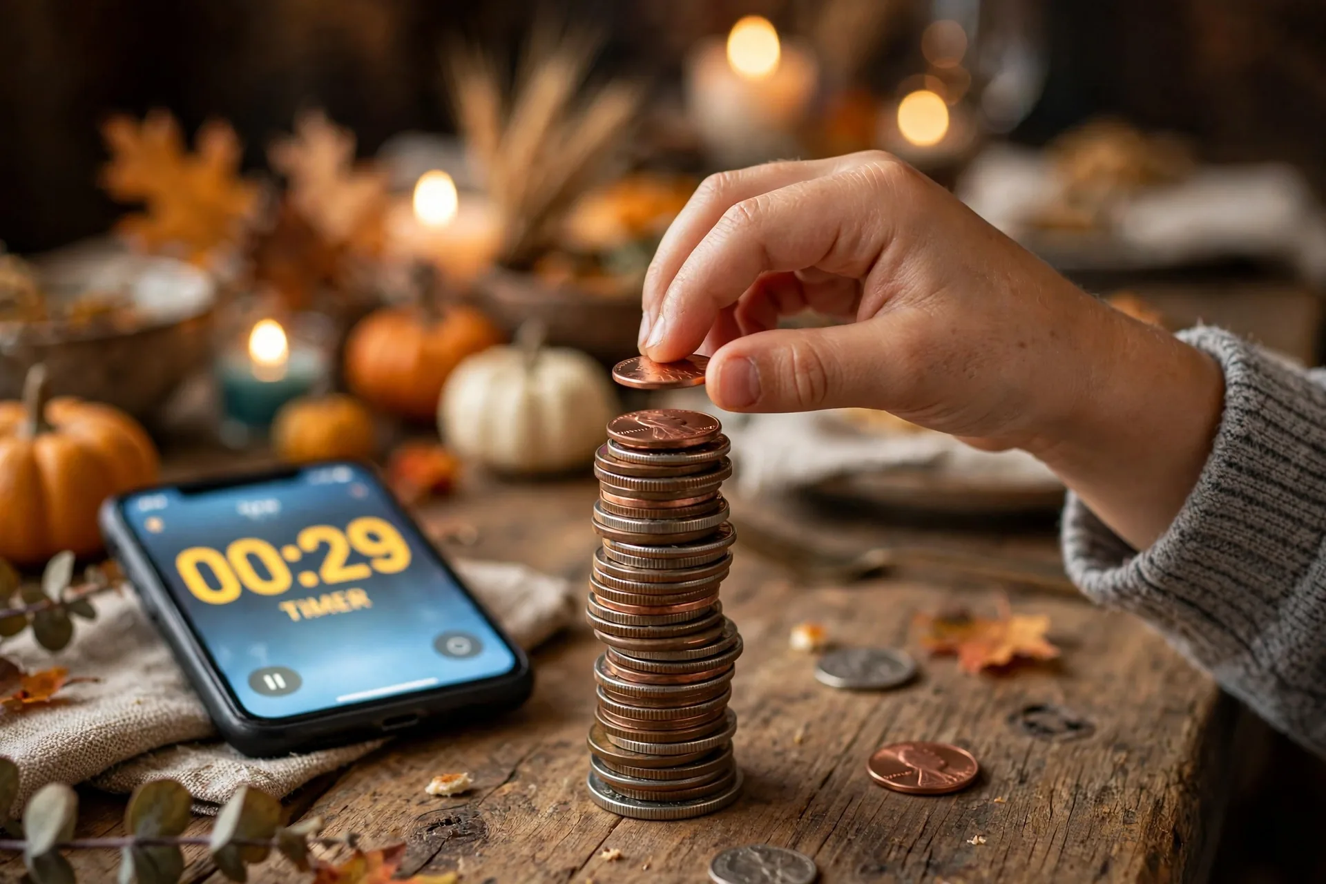 Child's hand stacking coins into a tower on a Thanksgiving table beside a glowing phone timer