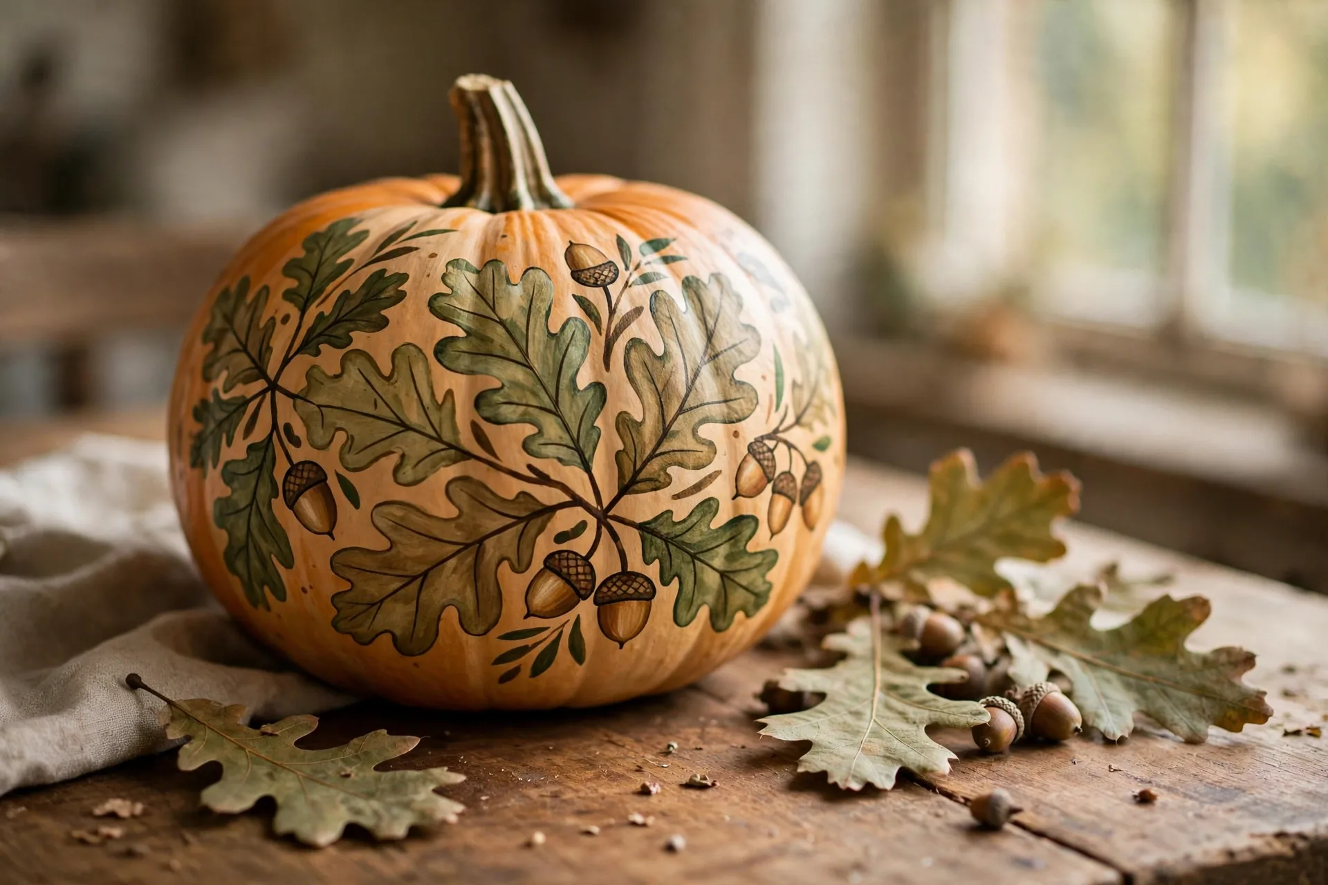Pumpkin painted with oak leaves and little acorns in greens and browns