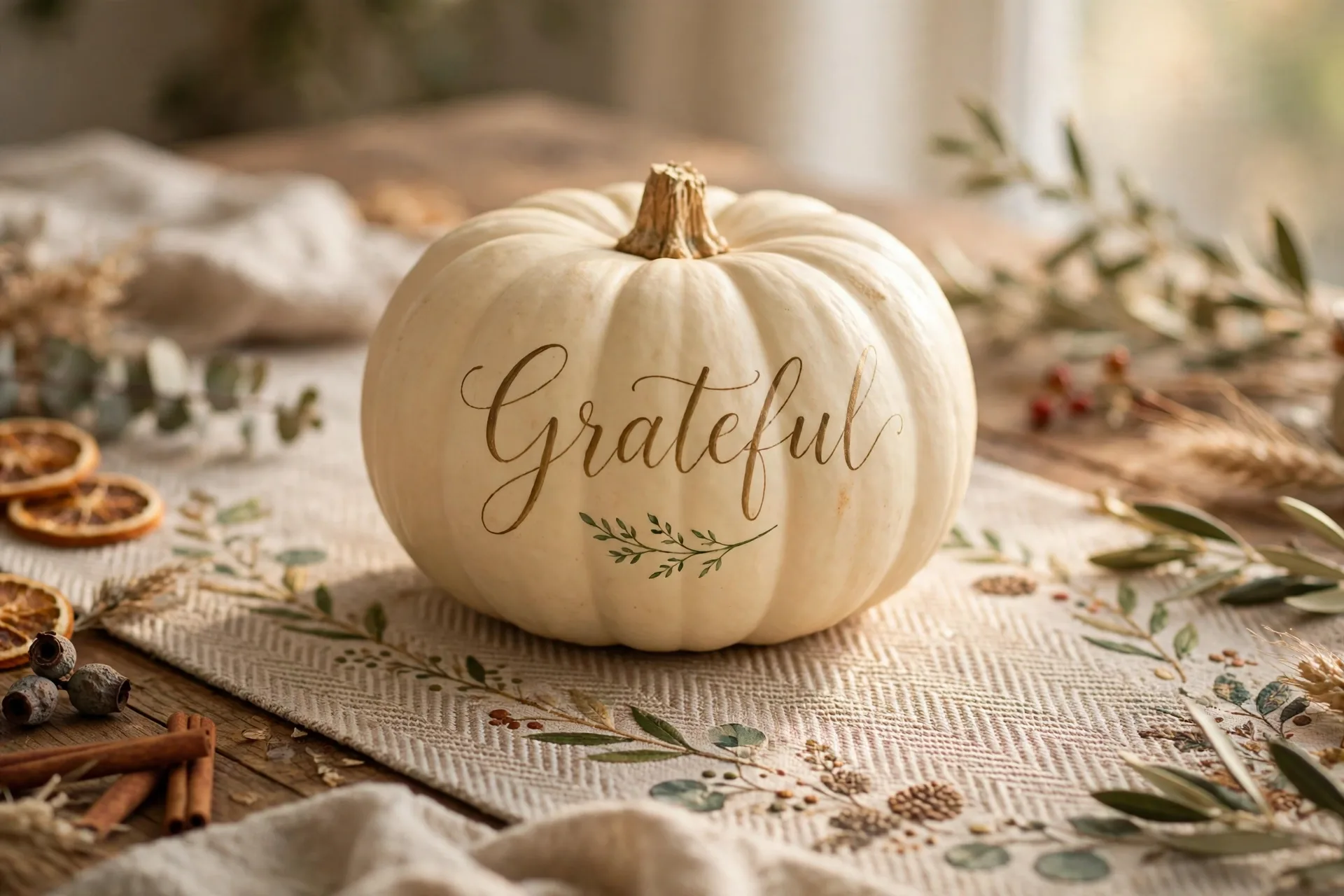 Cream pumpkin with the word Blessed lettered in flowing script and a small painted sprig