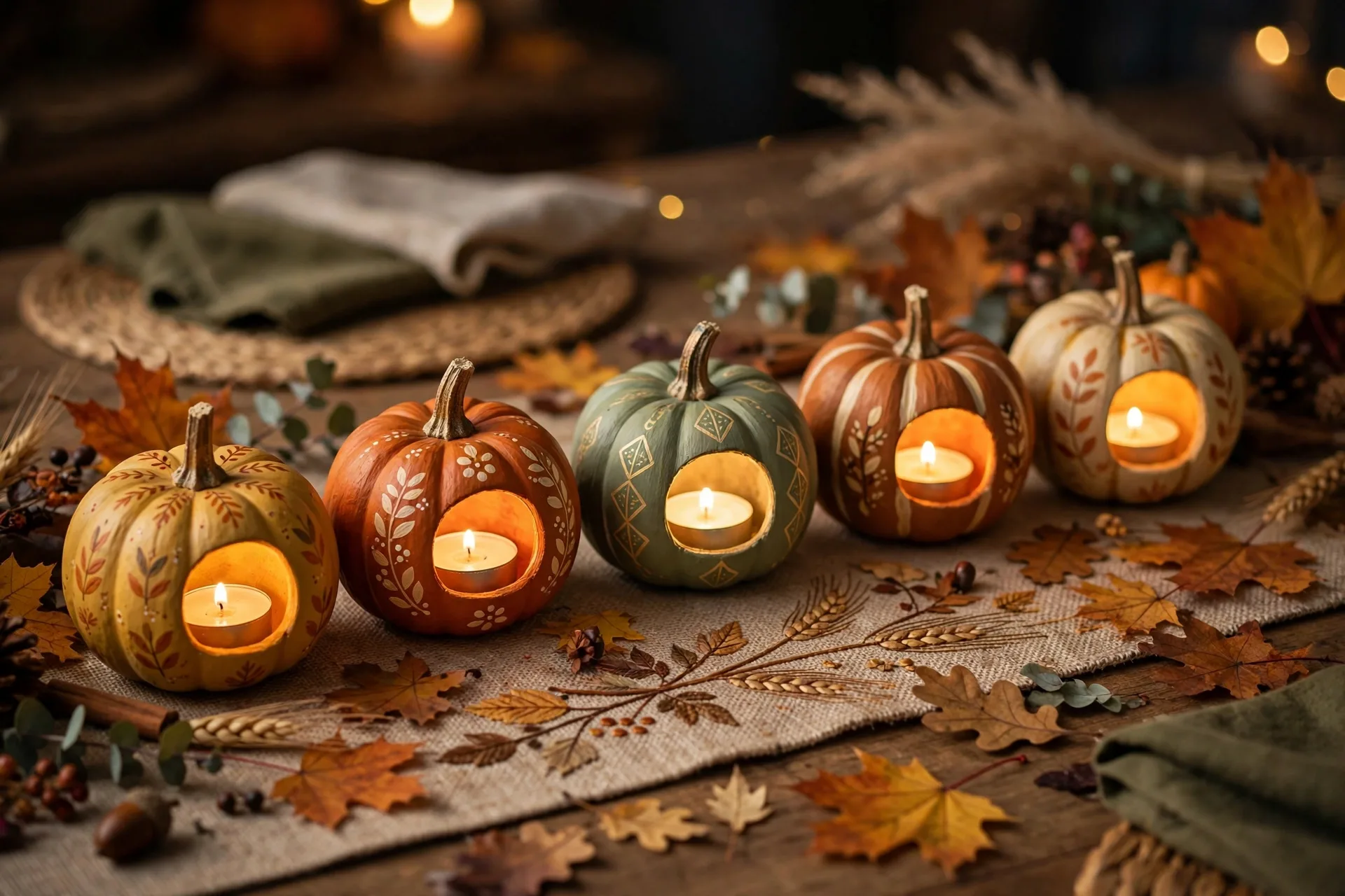 Mini pumpkins painted in harvest tones glowing with flameless tea lights